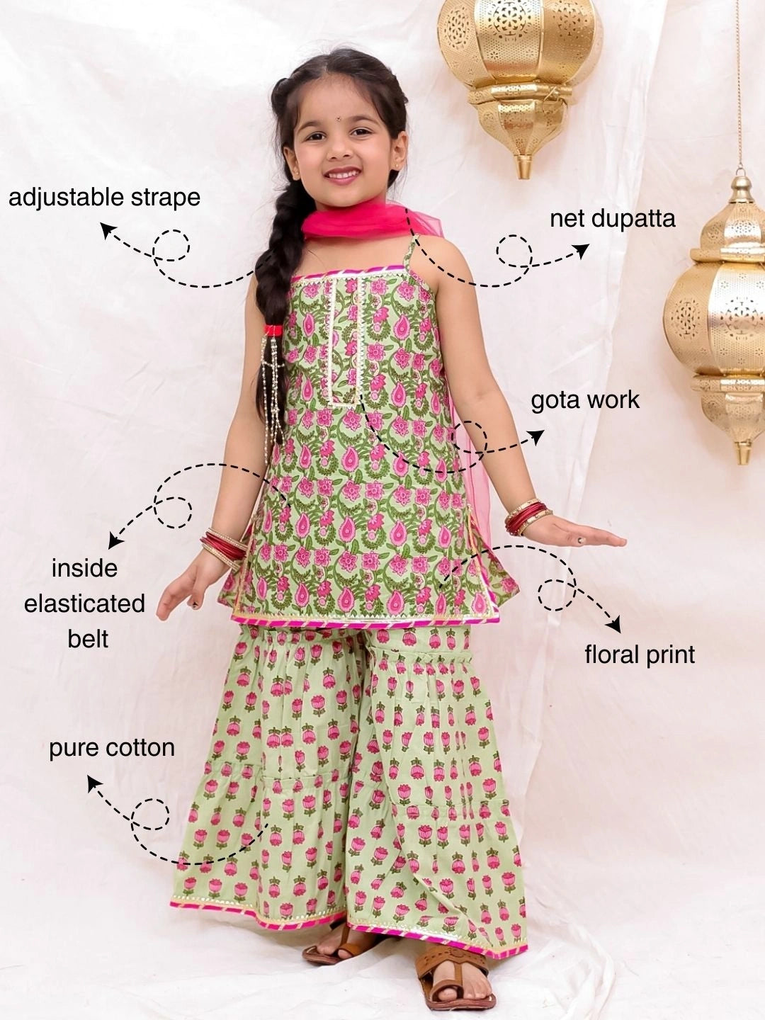 BownBee Pure Cotton Sleevless Printed Kurti With Sharara & Dupatta Set For Girls - Green
