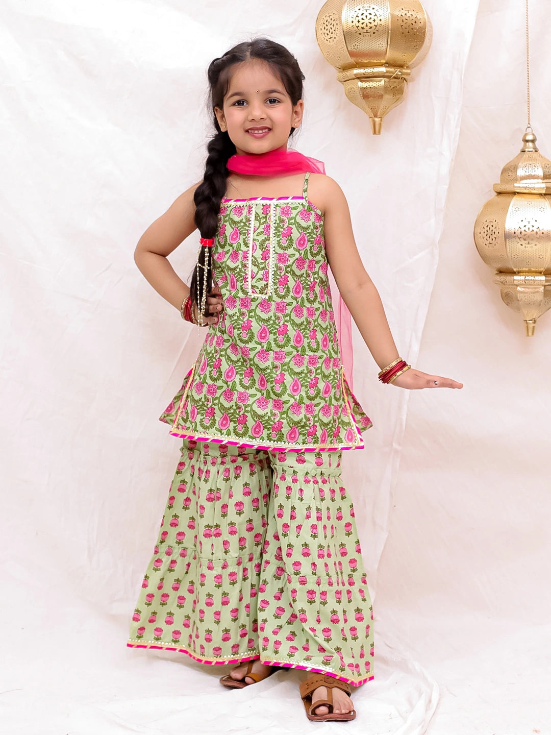BownBee Pure Cotton Sleevless Printed Kurti With Sharara & Dupatta Set For Girls - Green