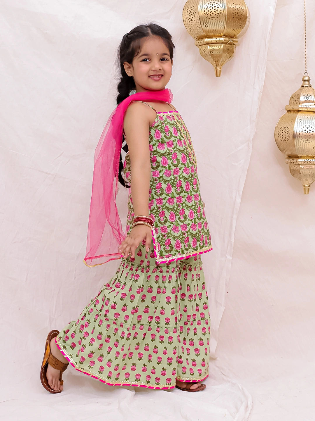 BownBee Pure Cotton Sleevless Printed Kurti With Sharara & Dupatta Set For Girls - Green