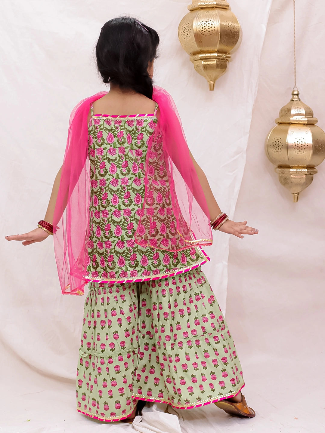 BownBee Pure Cotton Sleevless Printed Kurti With Sharara & Dupatta Set For Girls - Green