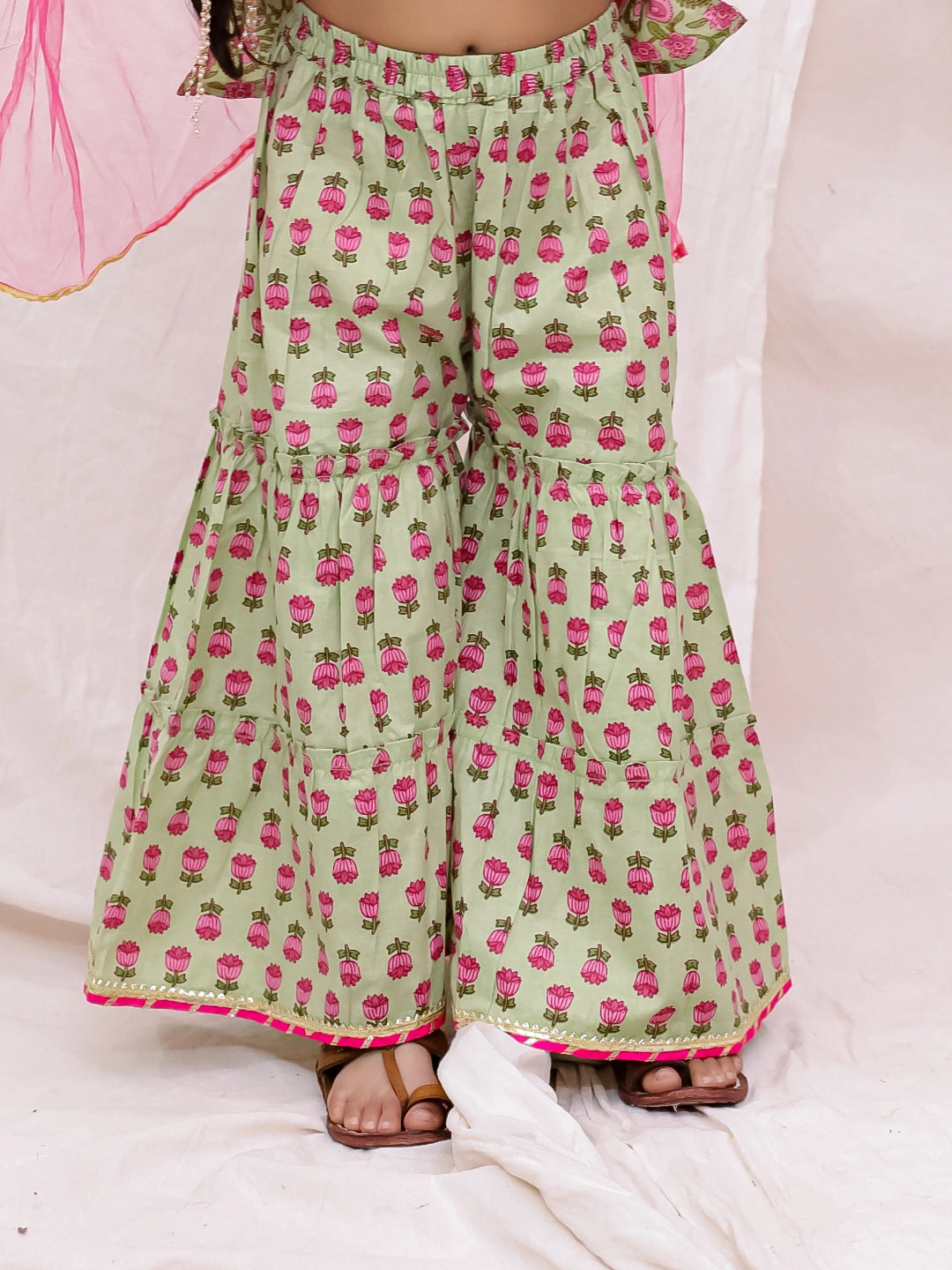 BownBee Pure Cotton Sleevless Printed Kurti With Sharara & Dupatta Set For Girls - Green
