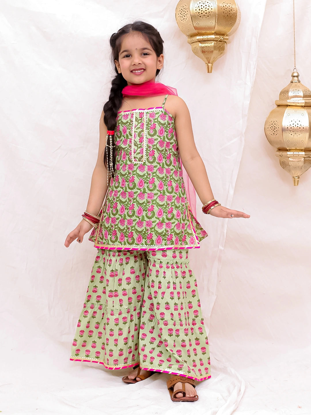 Pure Cotton Sleevless Printed Kurti With Sharara & Dupatta Sibling Set Pink & Green Combo