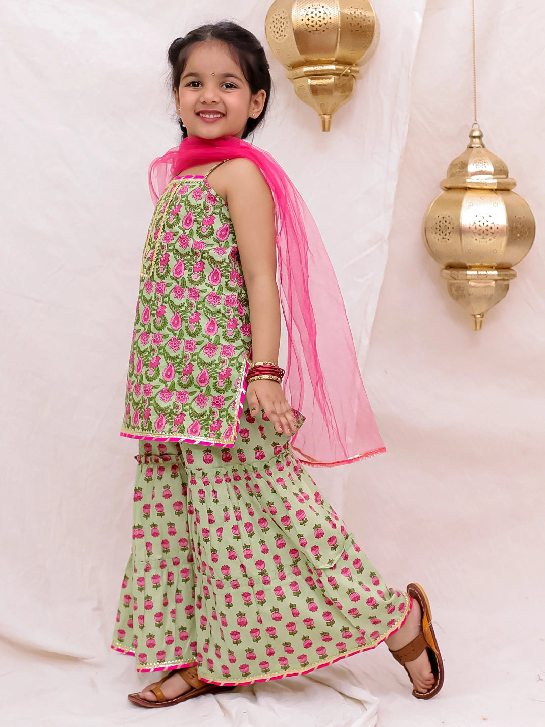 Pure Cotton Sleevless Printed Kurti With Sharara & Dupatta Sibling Set Pink & Green Combo