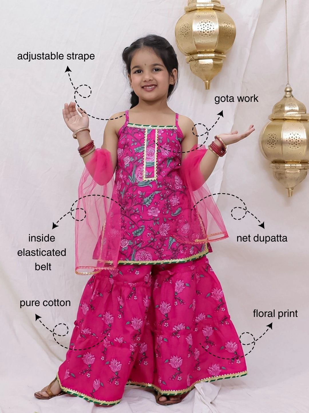 BownBee Pure Cotton Sleevless Printed Kurti With Sharara & Dupatta Set For Girls - Green