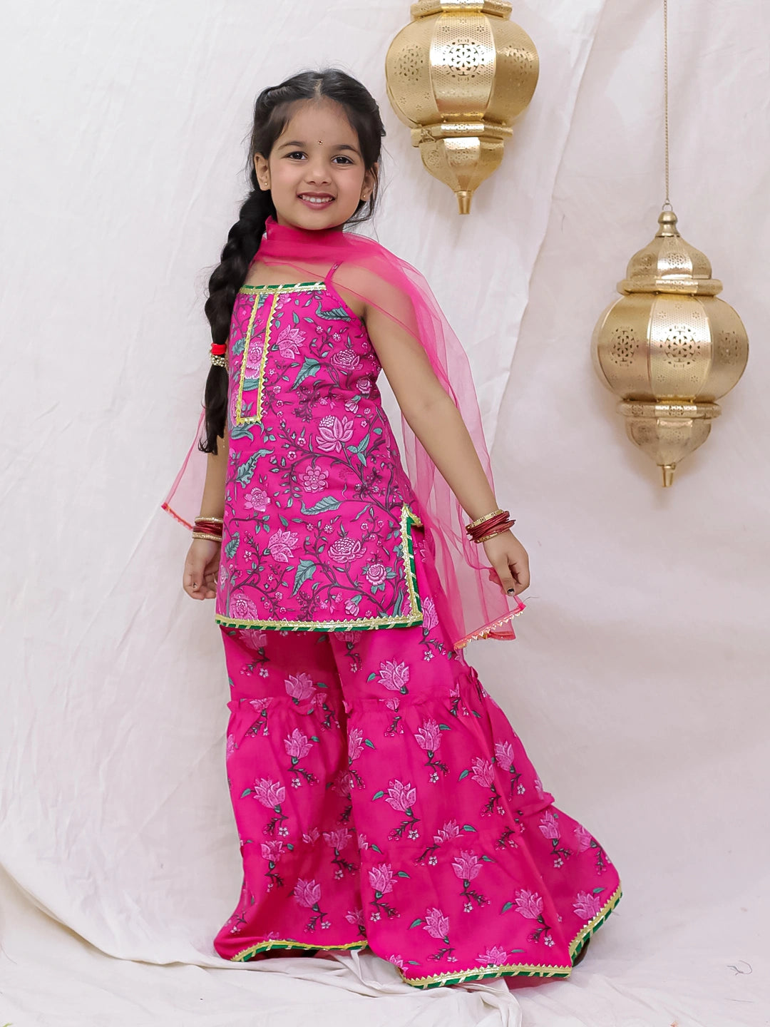 BownBee Pure Cotton Sleevless Printed Kurti With Sharara & Dupatta Set For Girls - Green