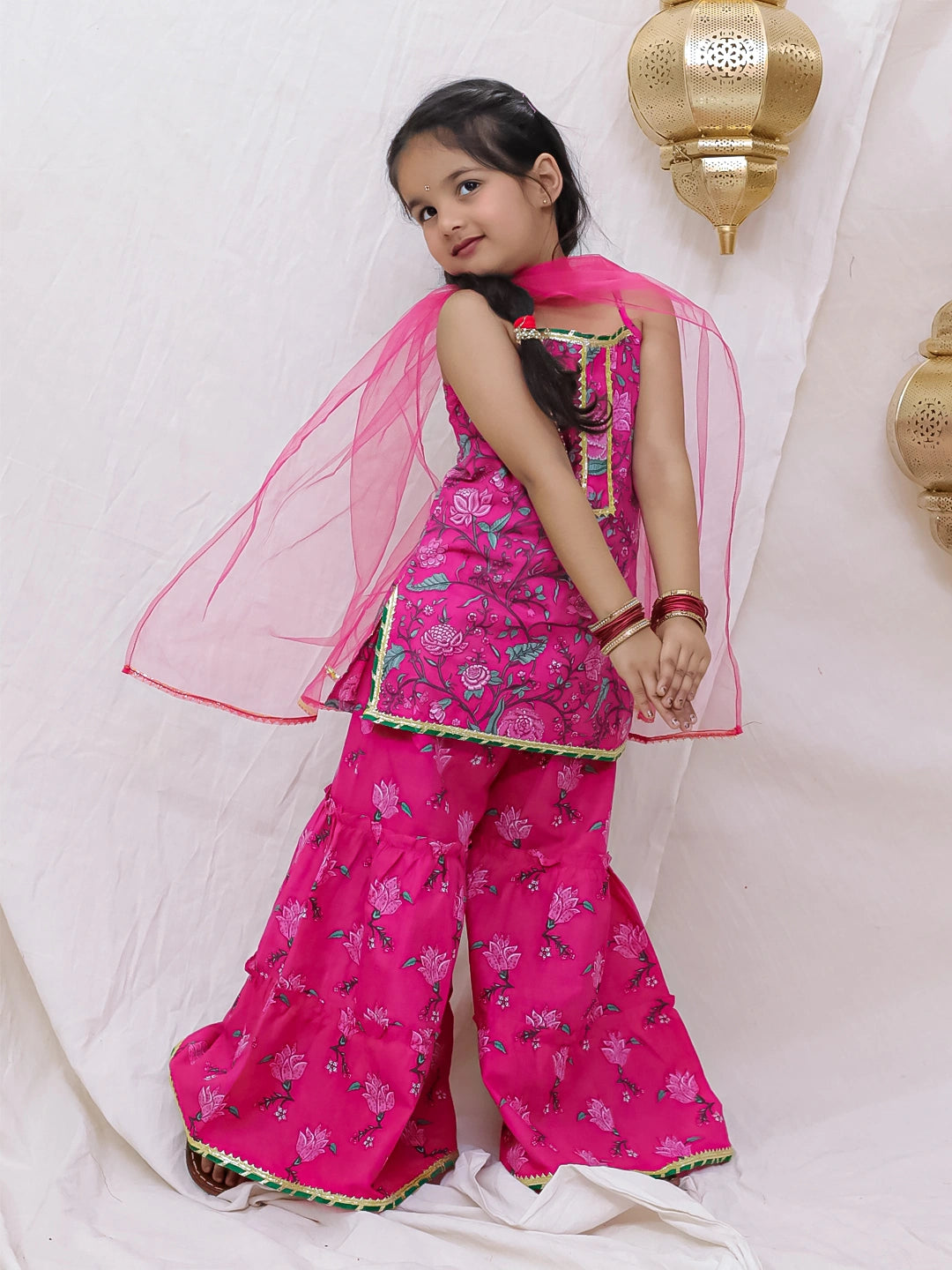 BownBee Pure Cotton Sleevless Printed Kurti With Sharara & Dupatta Set For Girls - Green