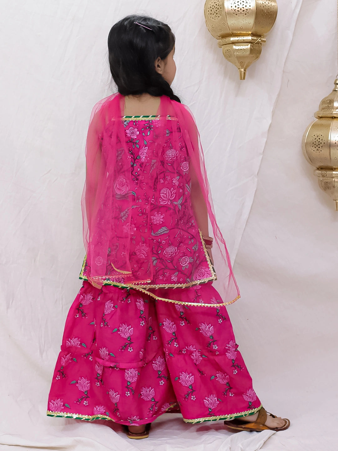 BownBee Pure Cotton Sleevless Printed Kurti With Sharara & Dupatta Set For Girls - Green