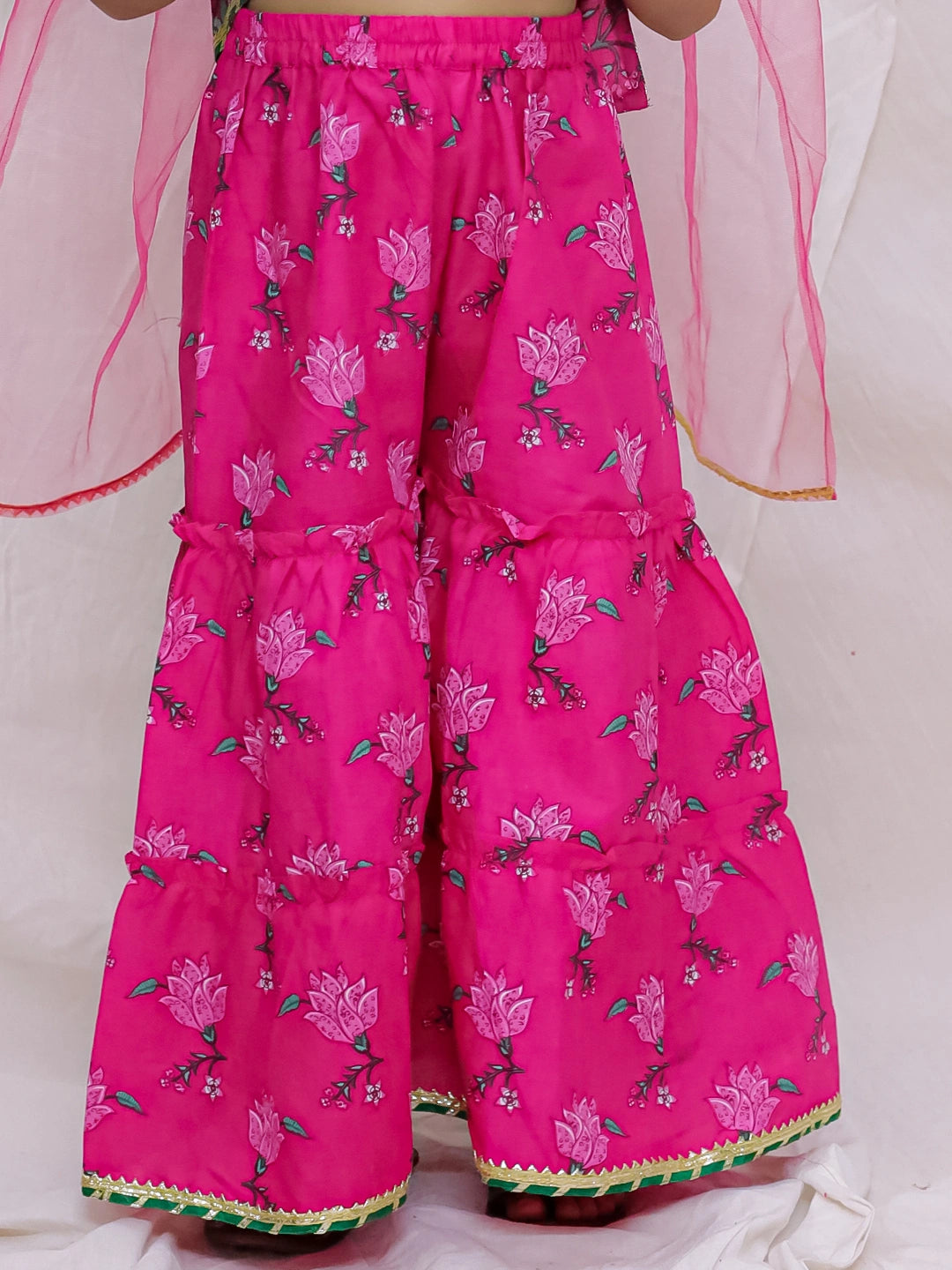 BownBee Pure Cotton Sleevless Printed Kurti With Sharara & Dupatta Set For Girls - Green