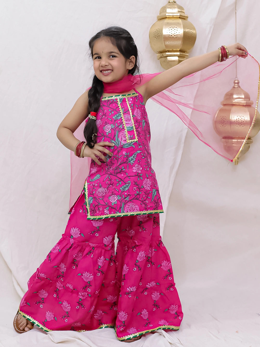 Pure Cotton Sleevless Printed Kurti With Sharara & Dupatta Sibling Set Pink & Green Combo