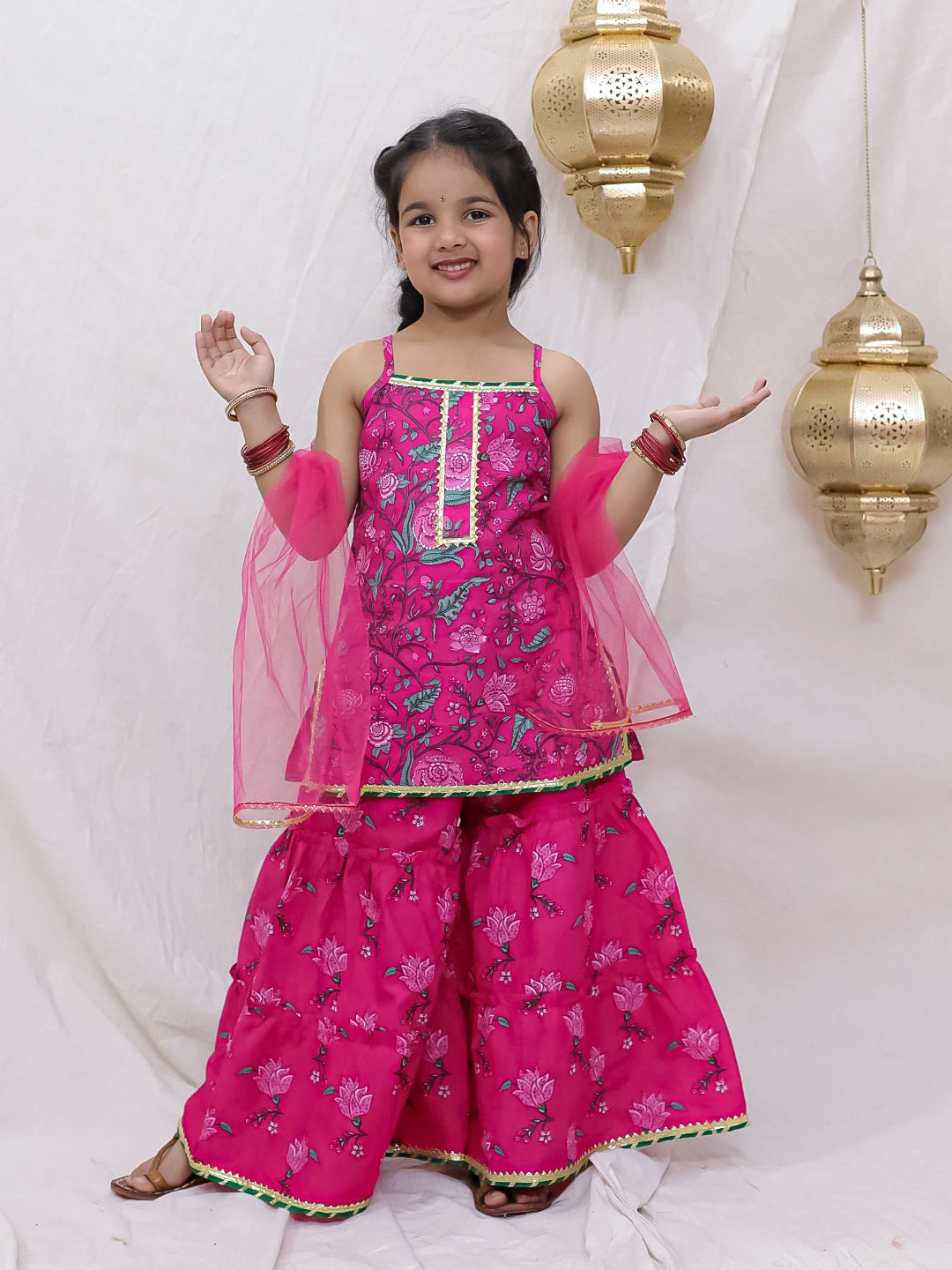 Pure Cotton Sleevless Printed Kurti With Sharara & Dupatta Sibling Set Pink & Green Combo