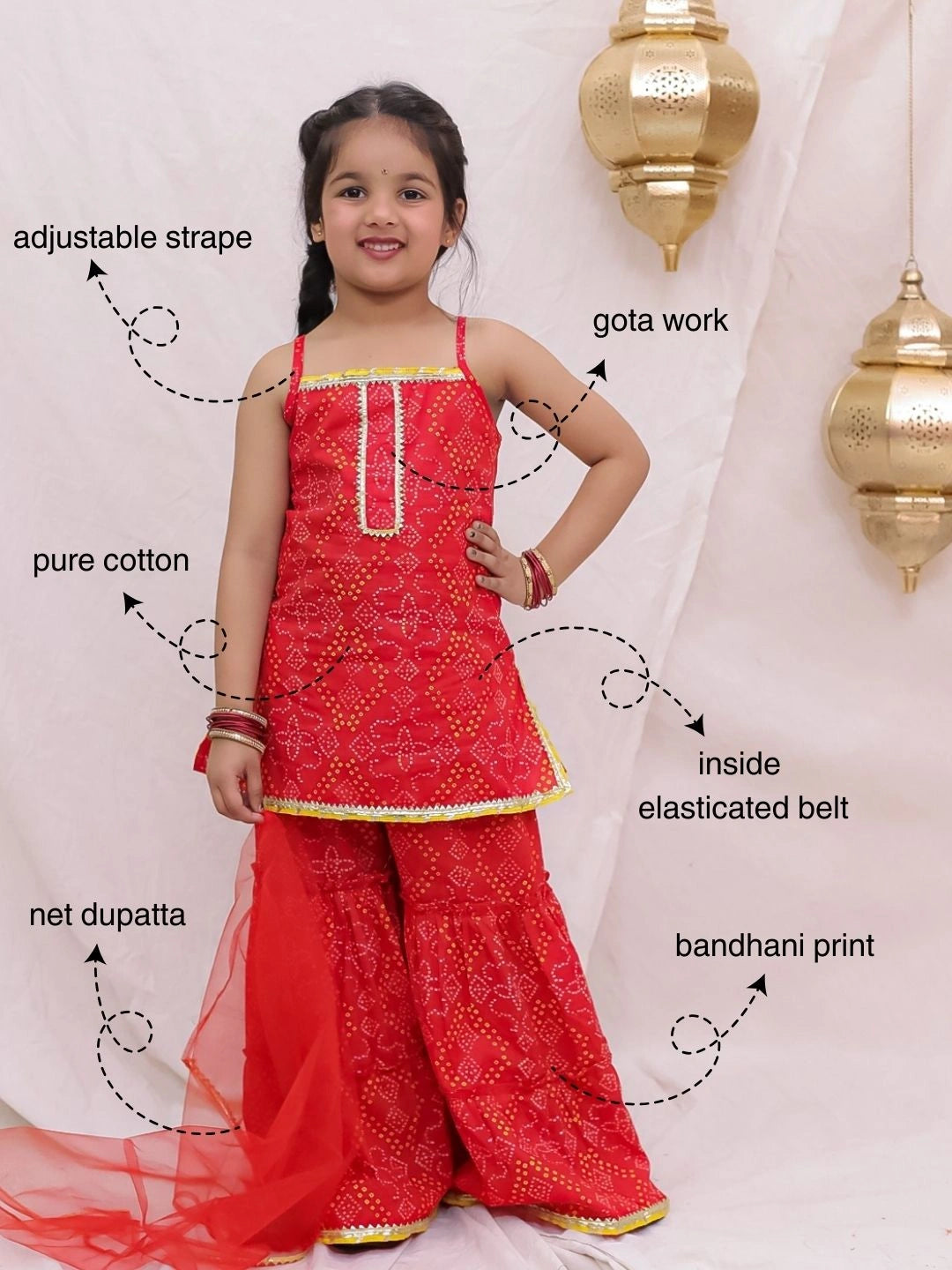 BownBee Pure Cotton Sleevless Printed Kurti With Sharara & Dupatta Set For Girls -  Yellow