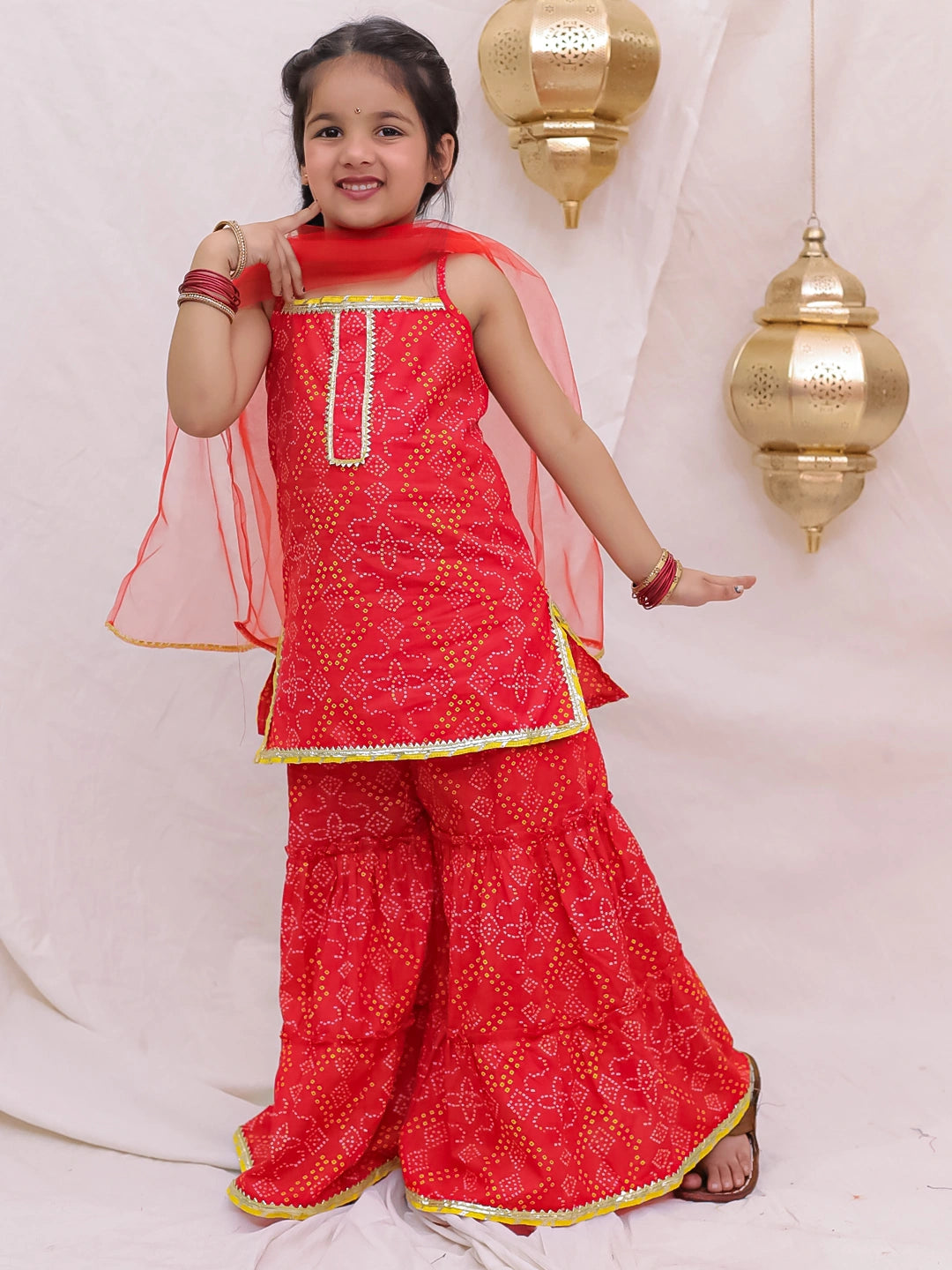 BownBee Pure Cotton Sleevless Printed Kurti With Sharara & Dupatta Set For Girls -  Yellow