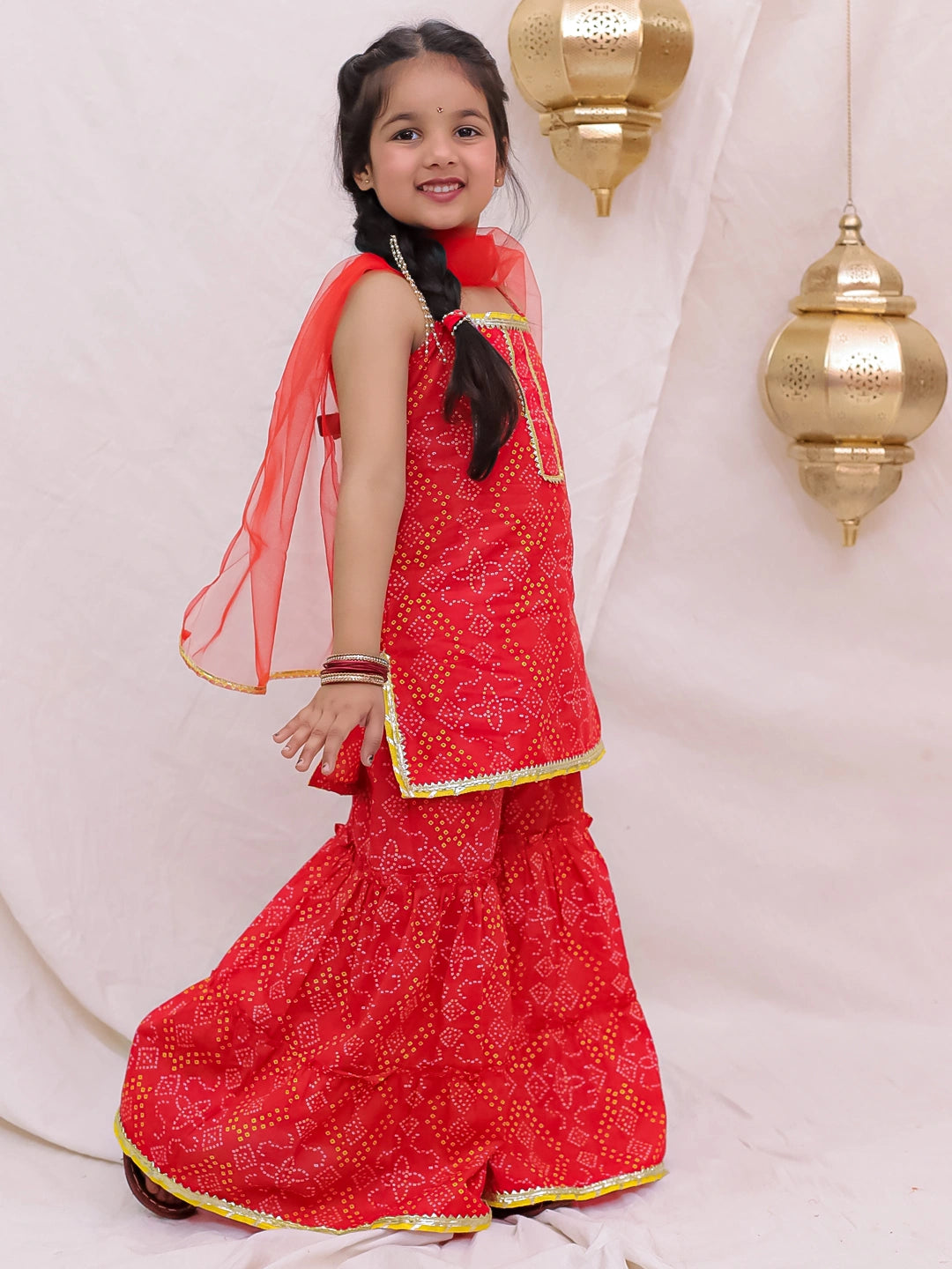 BownBee Pure Cotton Sleevless Printed Kurti With Sharara & Dupatta Set For Girls -  Yellow