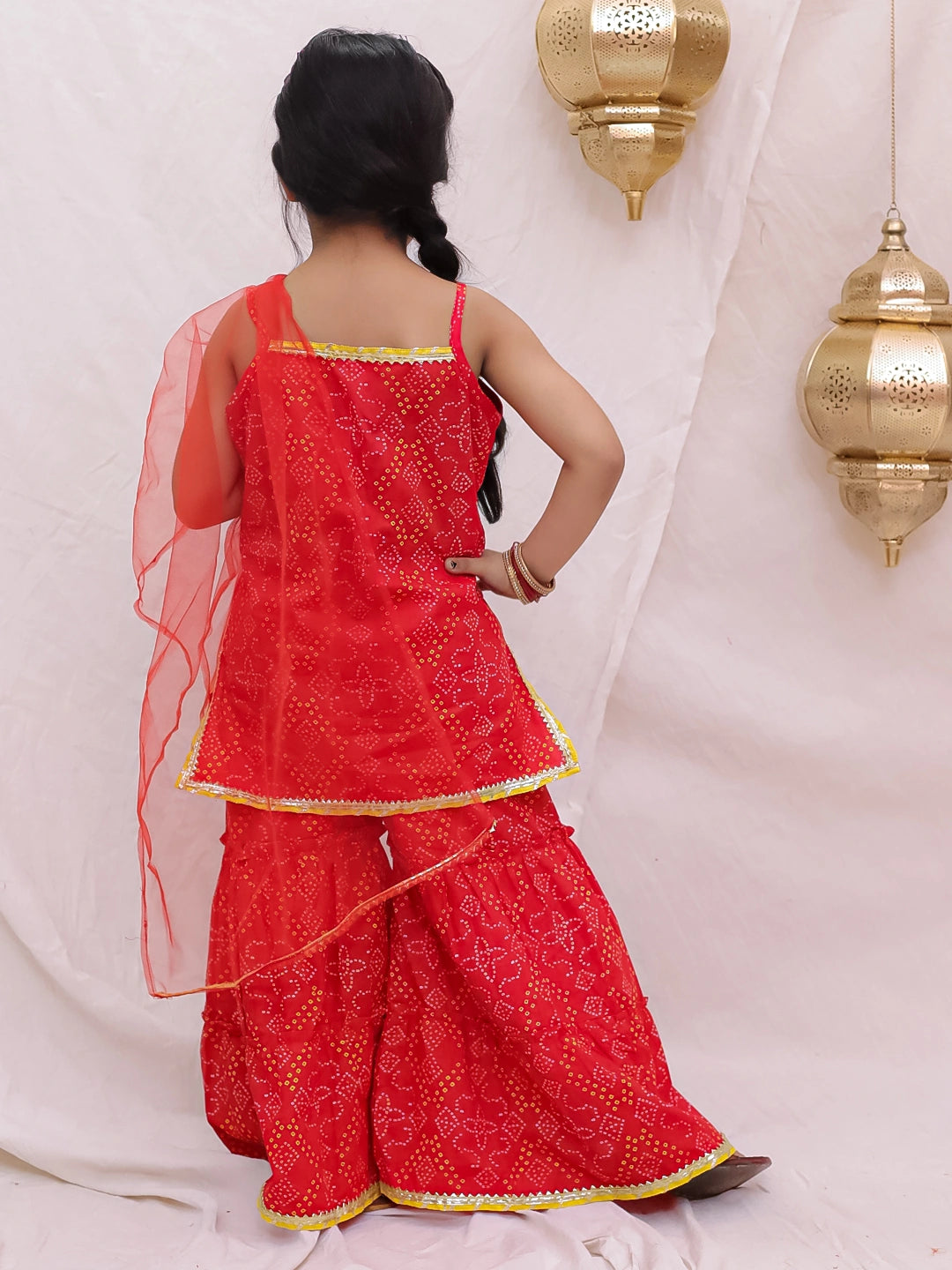 BownBee Pure Cotton Sleevless Printed Kurti With Sharara & Dupatta Set For Girls -  Yellow