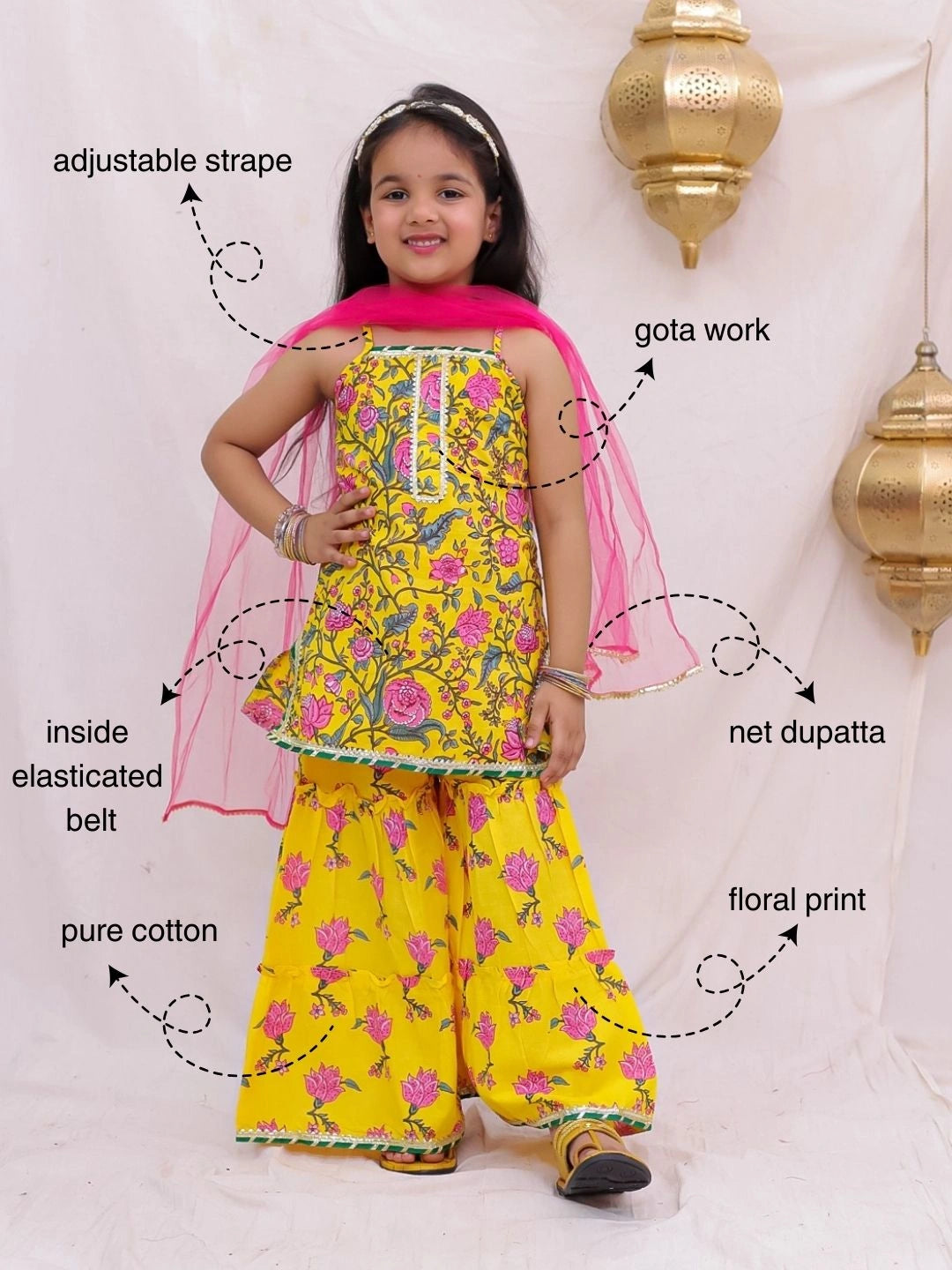 BownBee Pure Cotton Sleevless Printed Kurti With Sharara & Dupatta Set For Girls -  Yellow