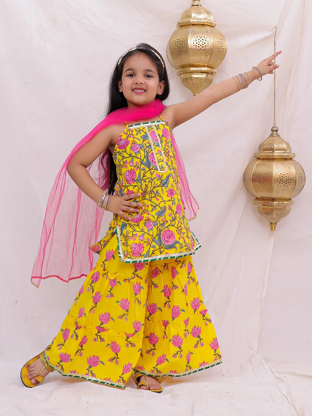 BownBee Pure Cotton Sleevless Printed Kurti With Sharara & Dupatta Set For Girls -  Yellow
