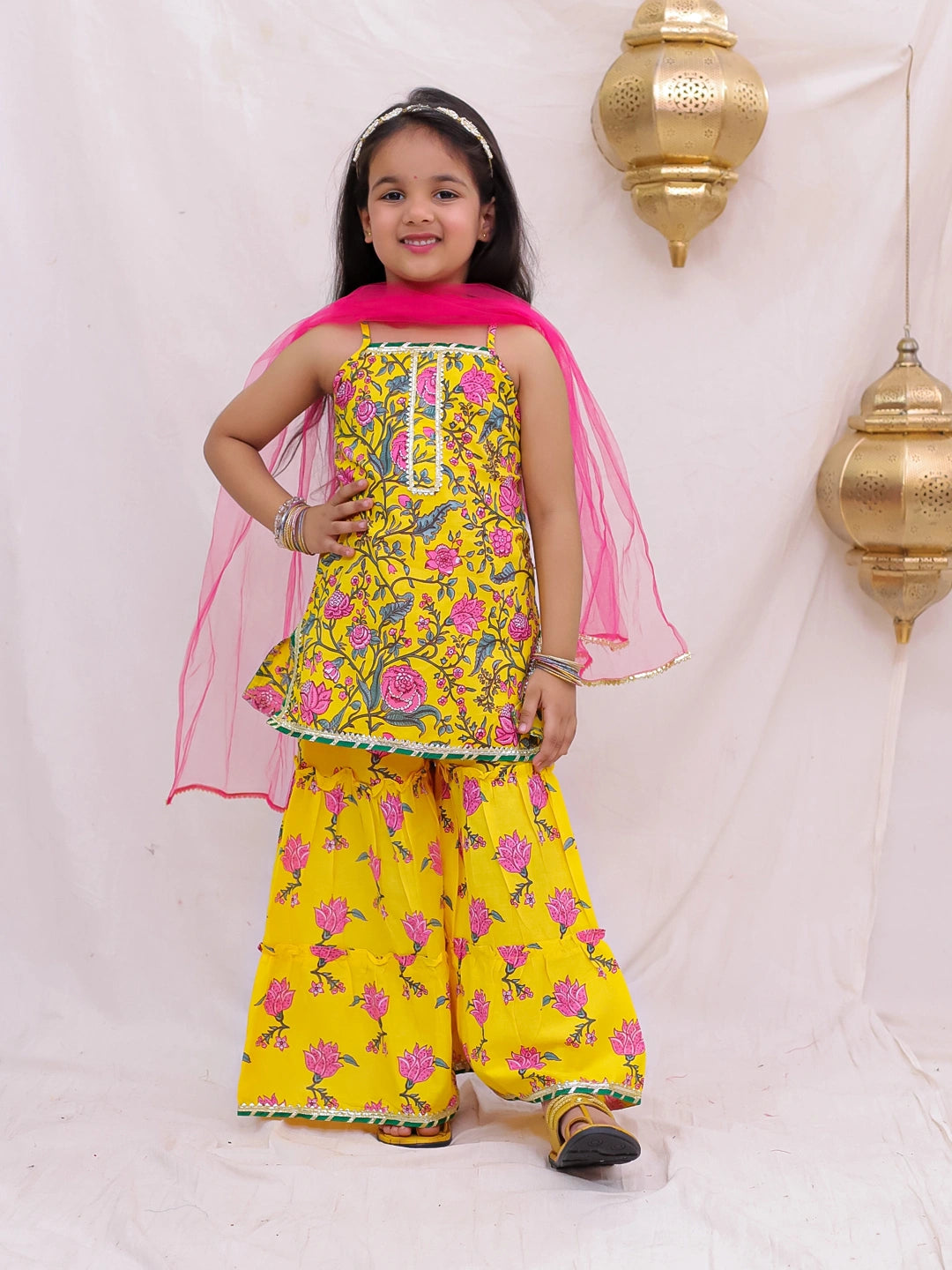 BownBee Pure Cotton Sleevless Printed Kurti With Sharara & Dupatta Set For Girls -  Yellow