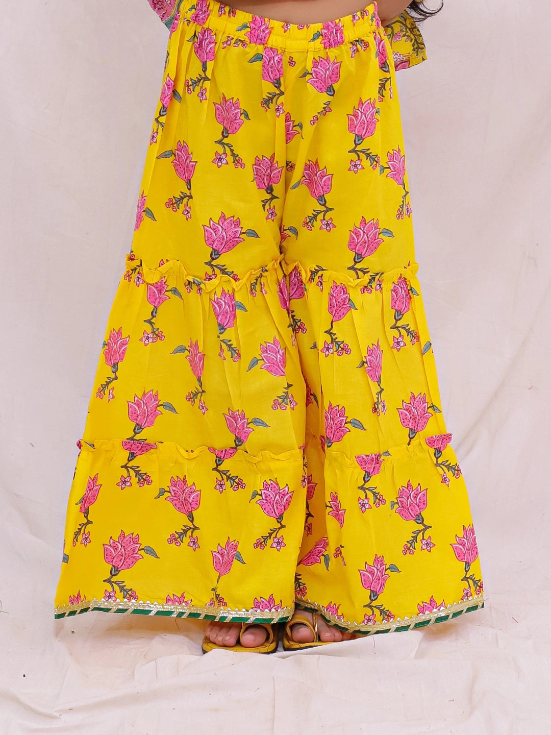 BownBee Pure Cotton Sleevless Printed Kurti With Sharara & Dupatta Set For Girls -  Yellow