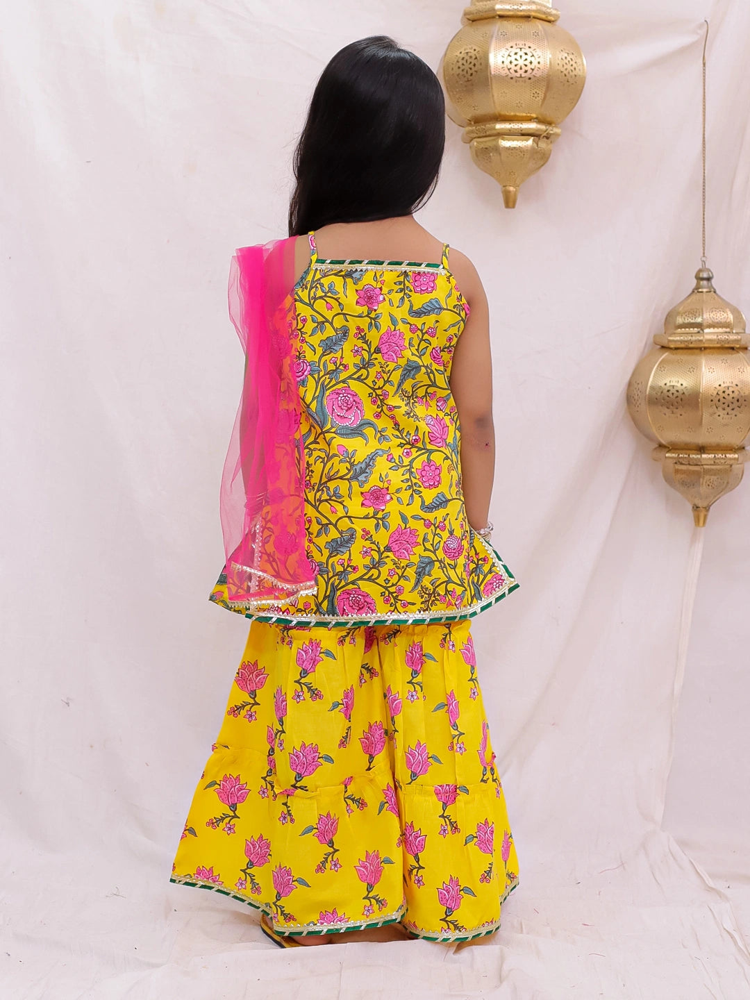 BownBee Pure Cotton Sleevless Printed Kurti With Sharara & Dupatta Set For Girls -  Yellow