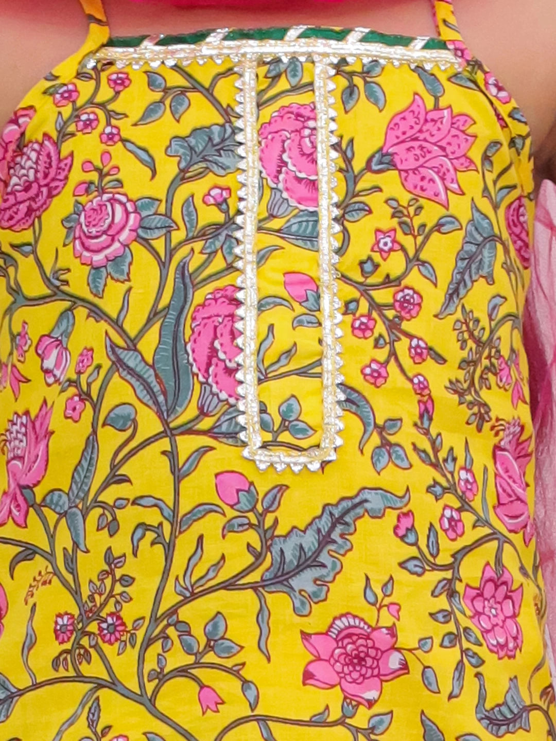 BownBee Pure Cotton Sleevless Printed Kurti With Sharara & Dupatta Set For Girls -  Yellow