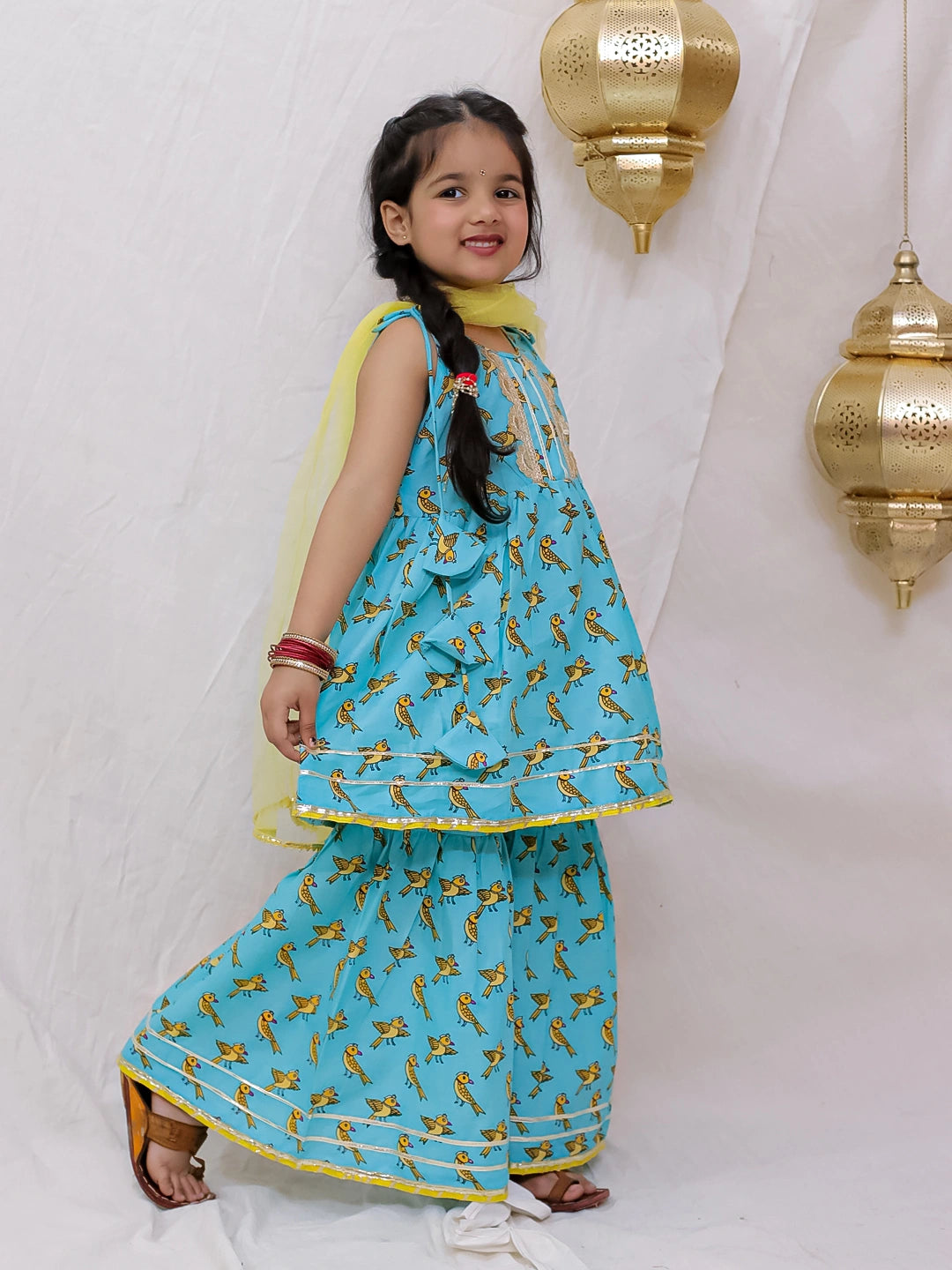 BownBee Pure Cotton Sleevless Printed Kurti With Sharara & Dupatta Set For Girls - Blue