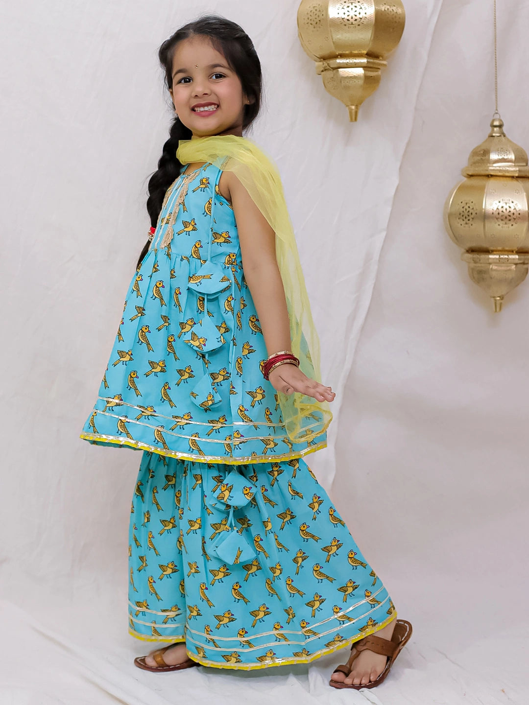 BownBee Pure Cotton Sleevless Printed Kurti With Sharara & Dupatta Set For Girls - Blue