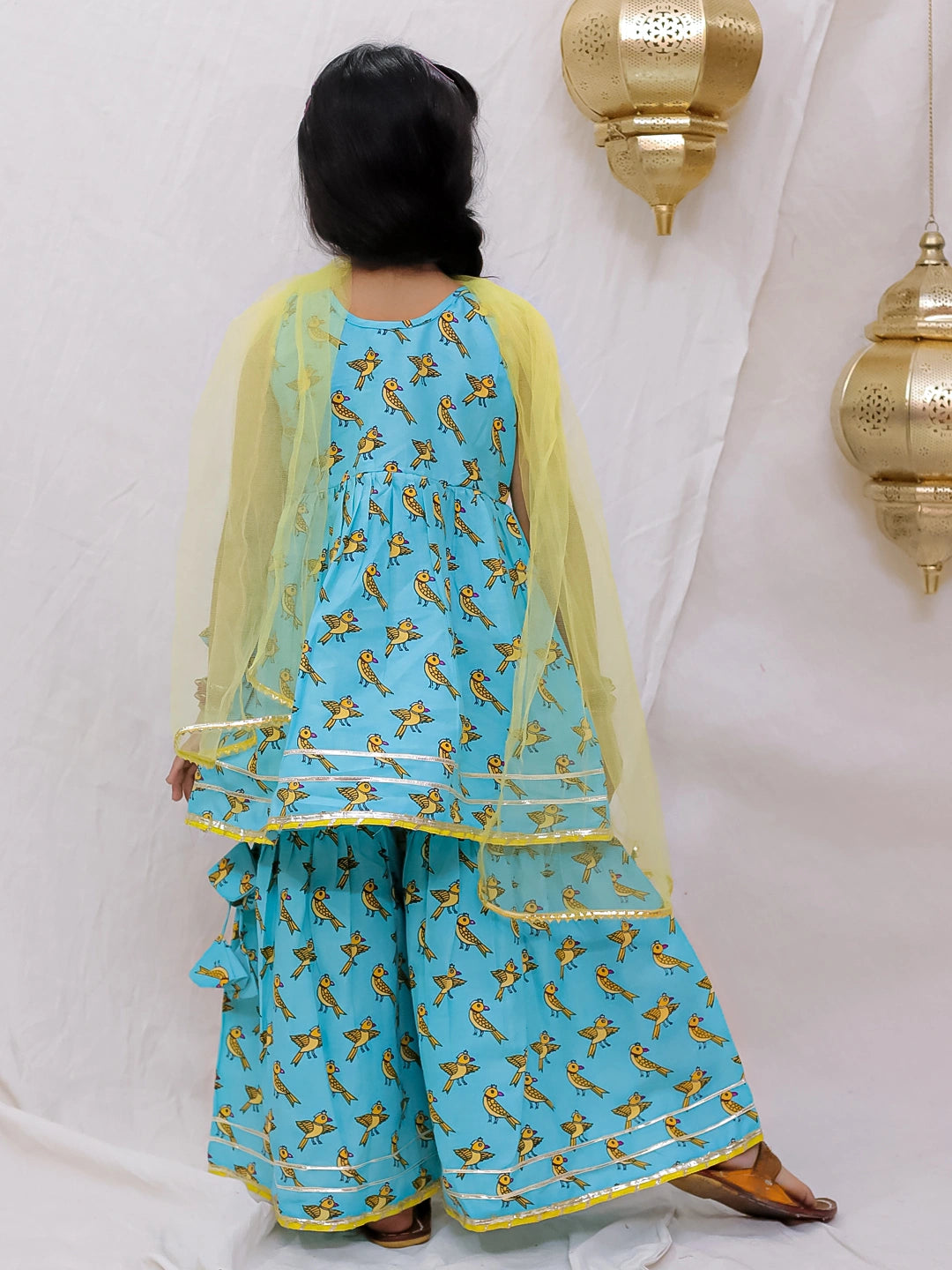 BownBee Pure Cotton Sleevless Printed Kurti With Sharara & Dupatta Set For Girls - Blue