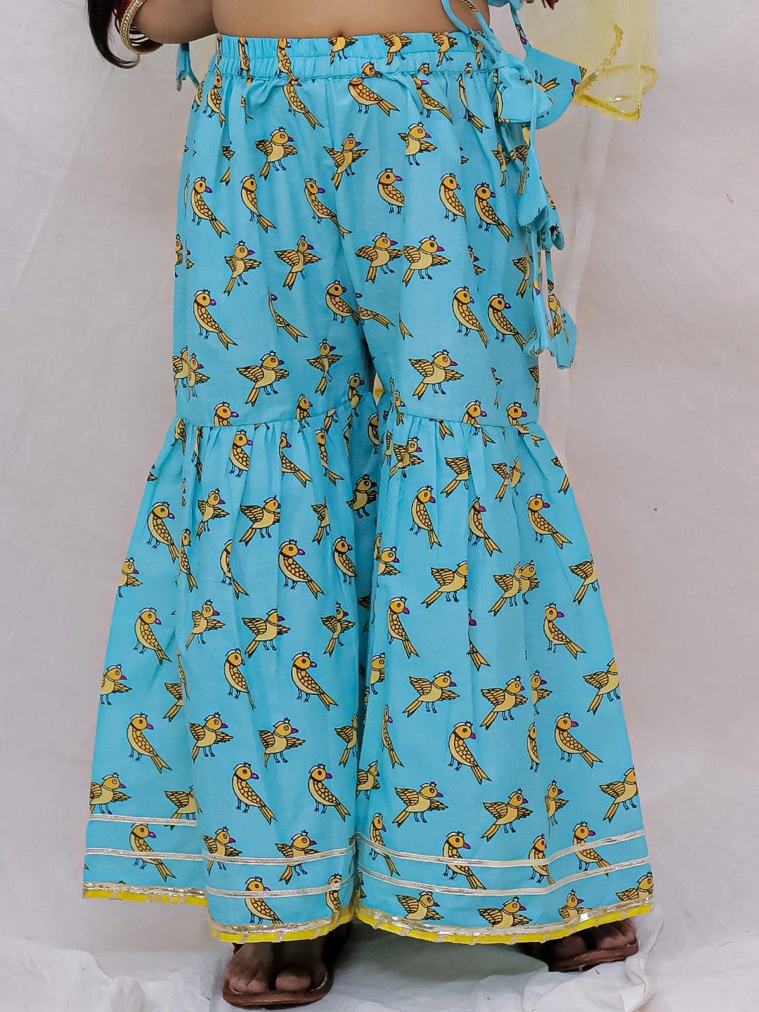 BownBee Pure Cotton Sleevless Printed Kurti With Sharara & Dupatta Set For Girls - Blue