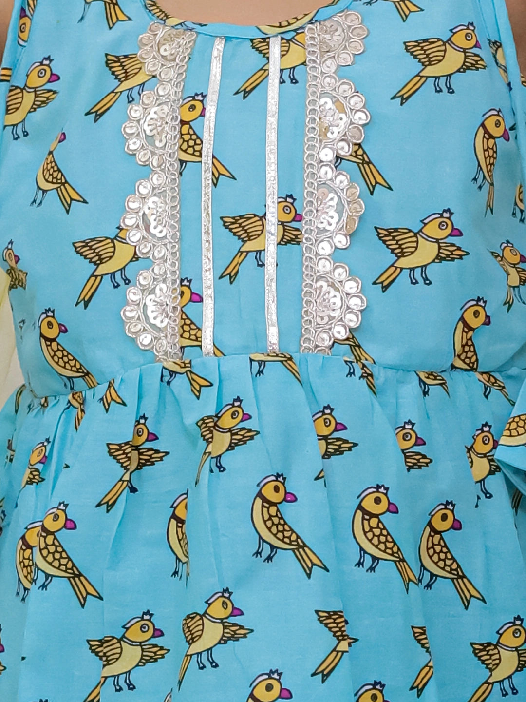 BownBee Pure Cotton Sleevless Printed Kurti With Sharara & Dupatta Set For Girls - Blue