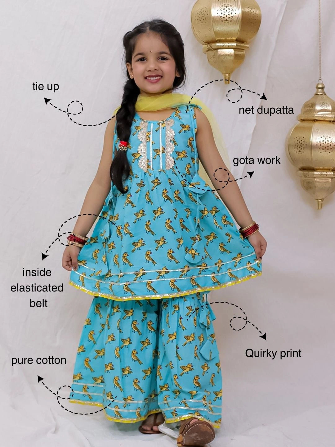 Bownbee Quirky Printed Dhoti Kurta Jacket With Ethnic Suit With Dupatta Sibling set