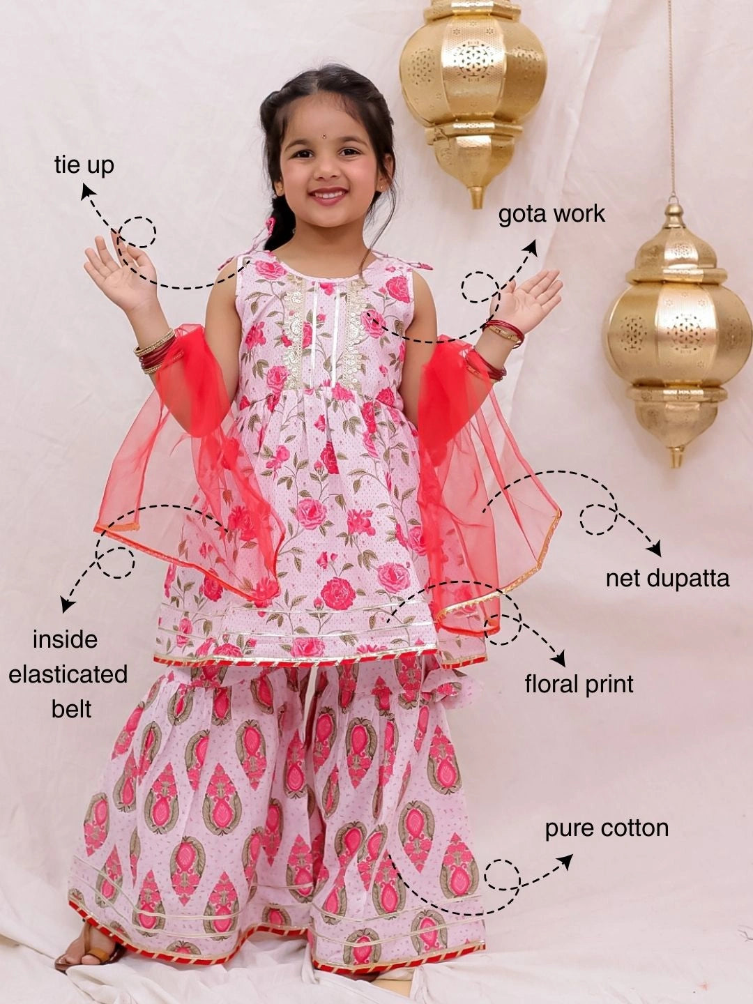 BownBee Pure Cotton Sleevless Printed Kurti With Sharara & Dupatta Set For Girls - Blue