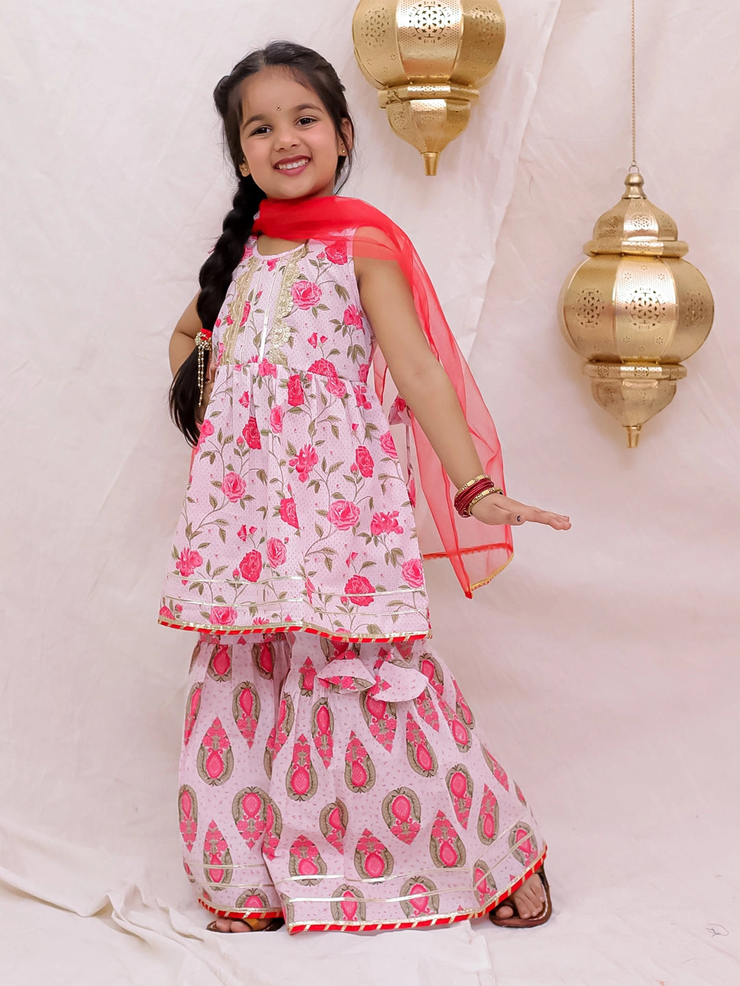 BownBee Pure Cotton Sleevless Printed Kurti With Sharara & Dupatta Set For Girls - Blue