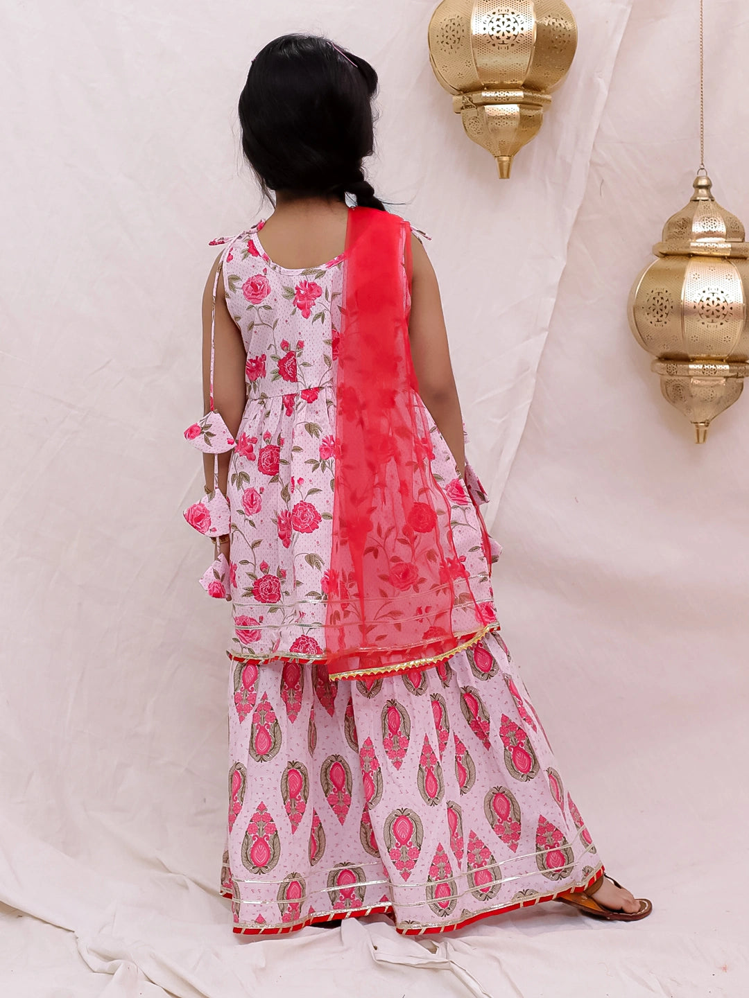 BownBee Pure Cotton Sleevless Printed Kurti With Sharara & Dupatta Set For Girls - Blue