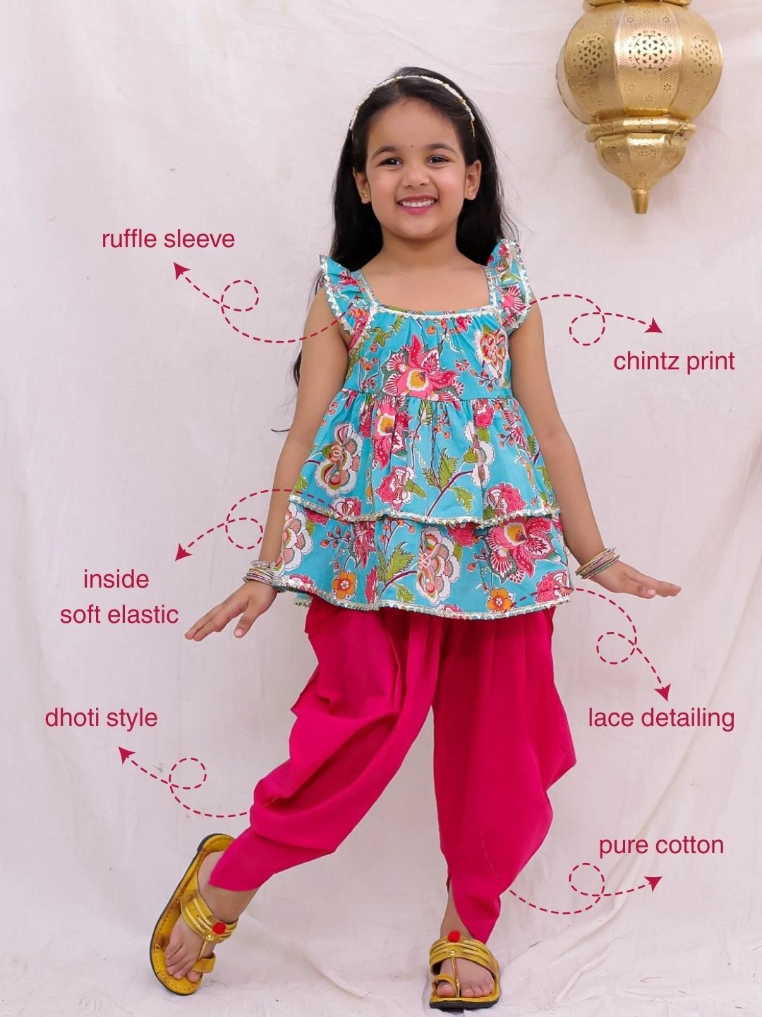 BownBee Pure Cotton Ruffle Sleeve Printed Top Dhoti Set For Girls