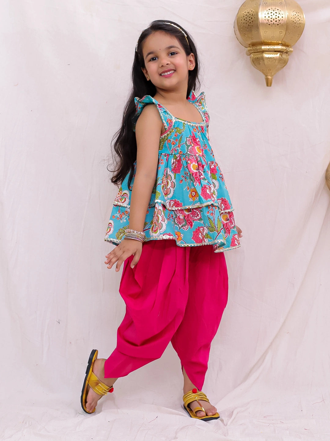 BownBee Pure Cotton Ruffle Sleeve Printed Top Dhoti Set For Girls