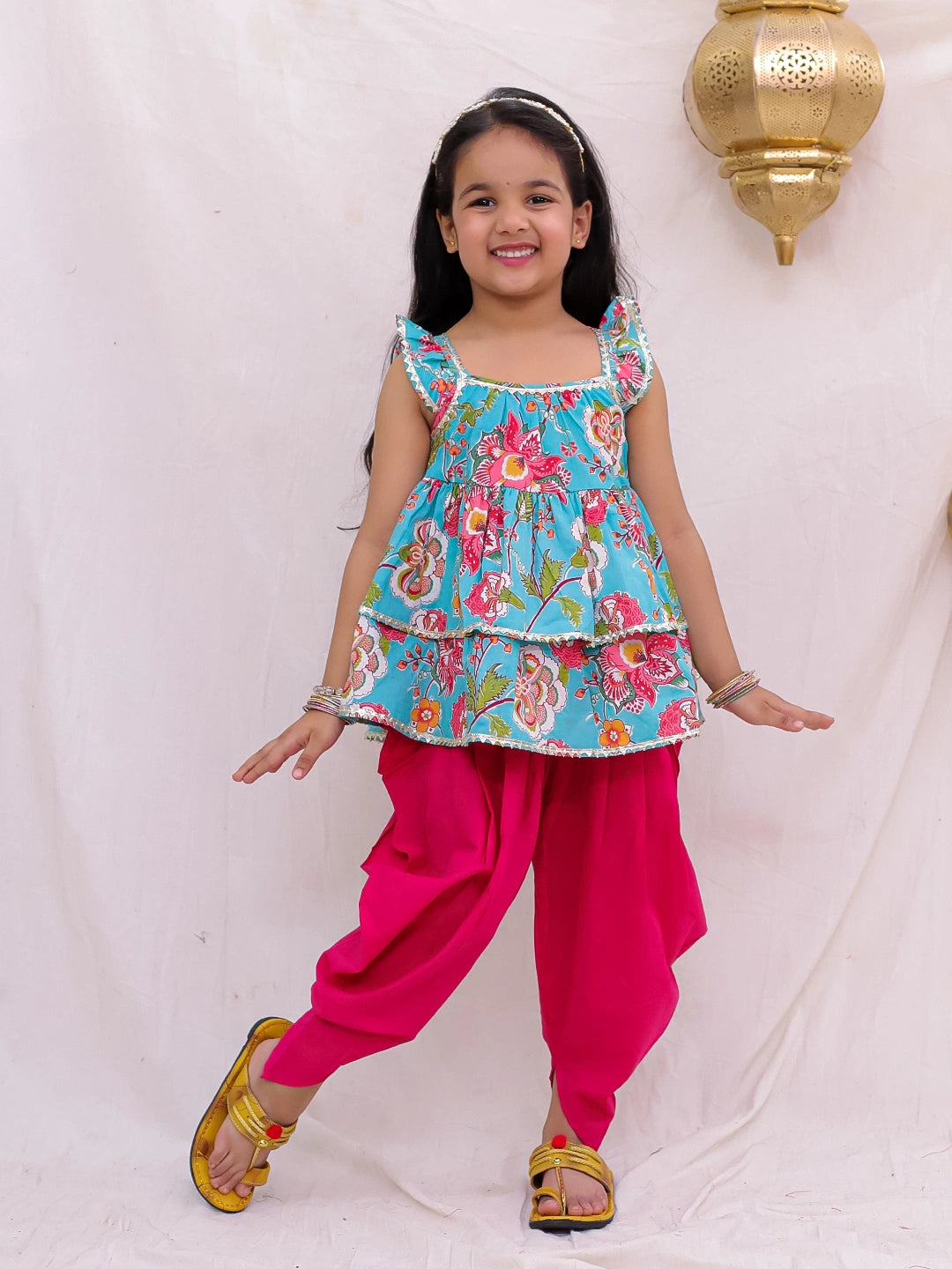 BownBee Pure Cotton Ruffle Sleeve Printed Top Dhoti Set For Girls