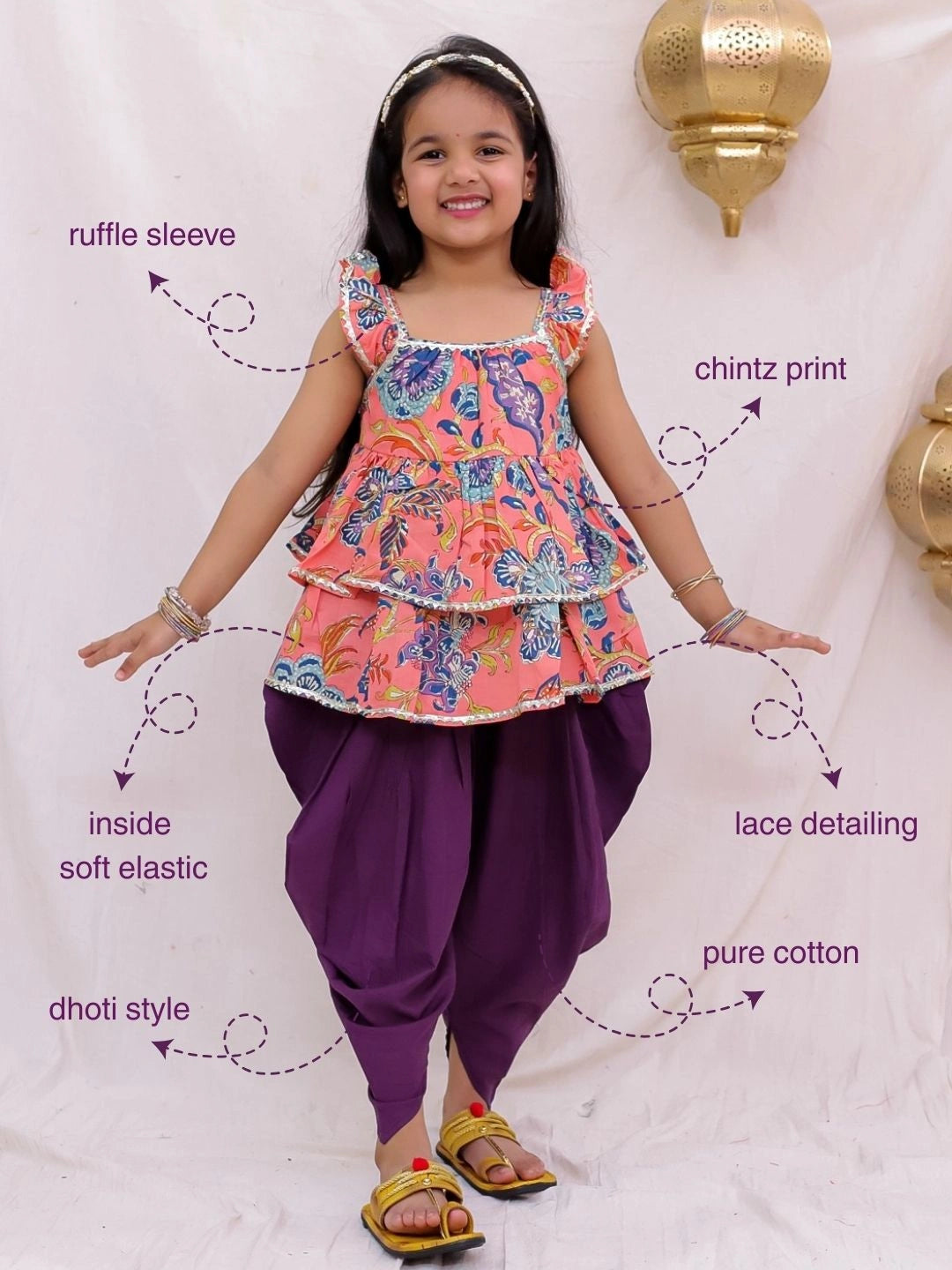BownBee Pure Cotton Ruffle Sleeve Printed Top Dhoti Set For Girls