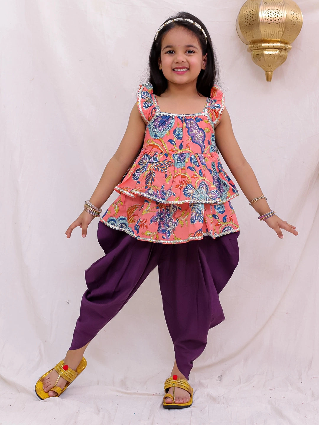 BownBee Pure Cotton Ruffle Sleeve Printed Top Dhoti Set For Girls