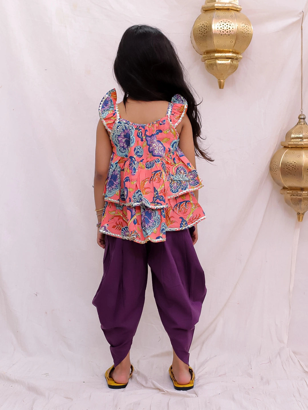 BownBee Pure Cotton Ruffle Sleeve Printed Top Dhoti Set For Girls