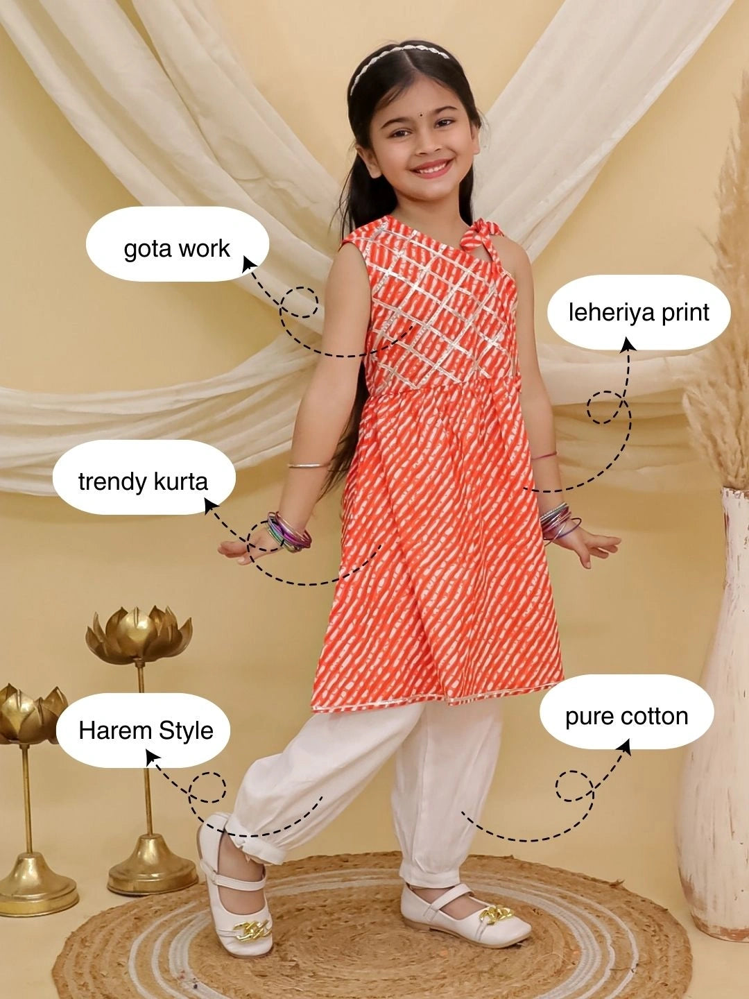 BownBee Pure Cotton Lehriya Top  With Harem Set For Girls - Orange
