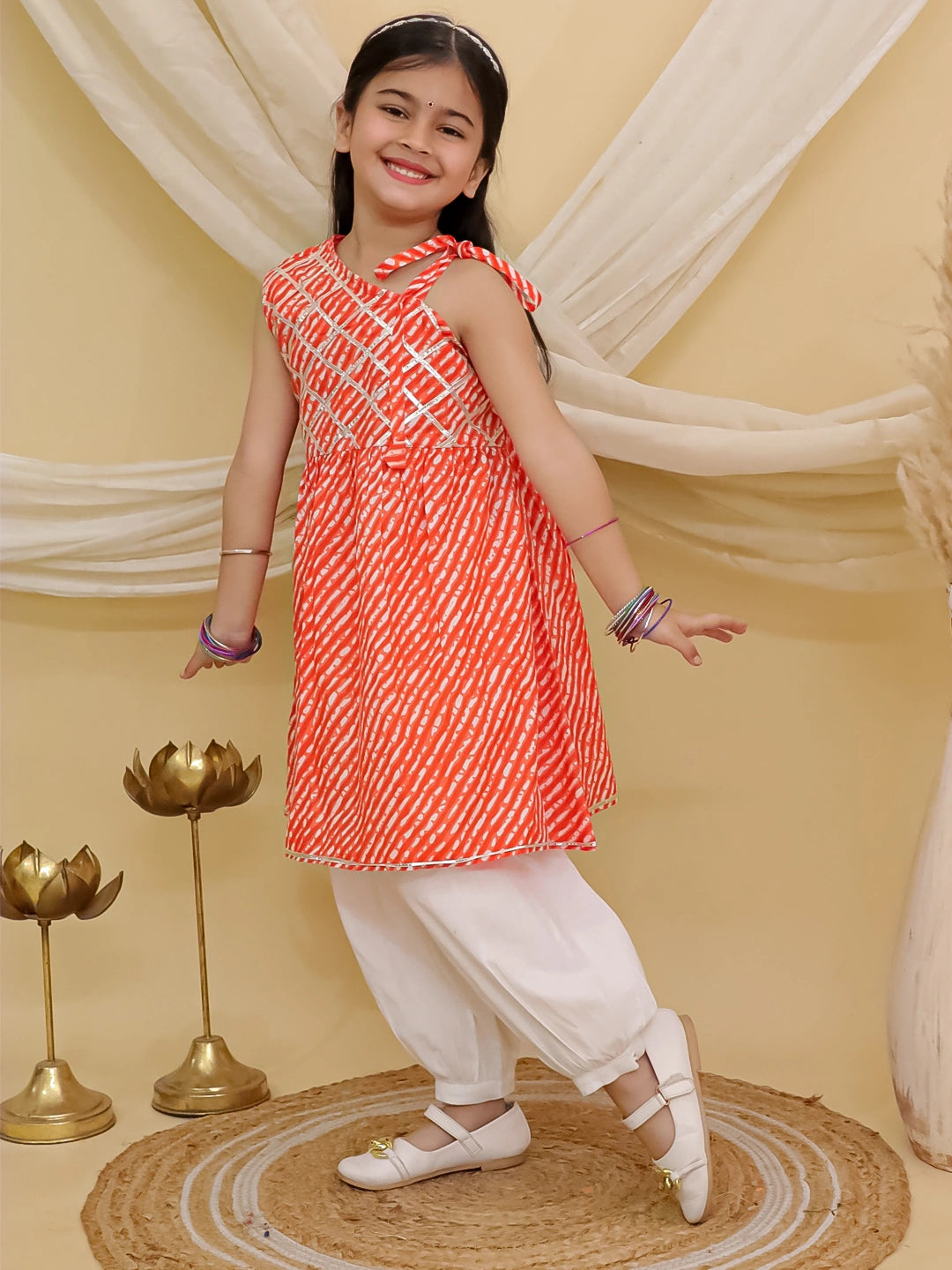 BownBee Pure Cotton Lehriya Top  With Harem Set For Girls - Orange