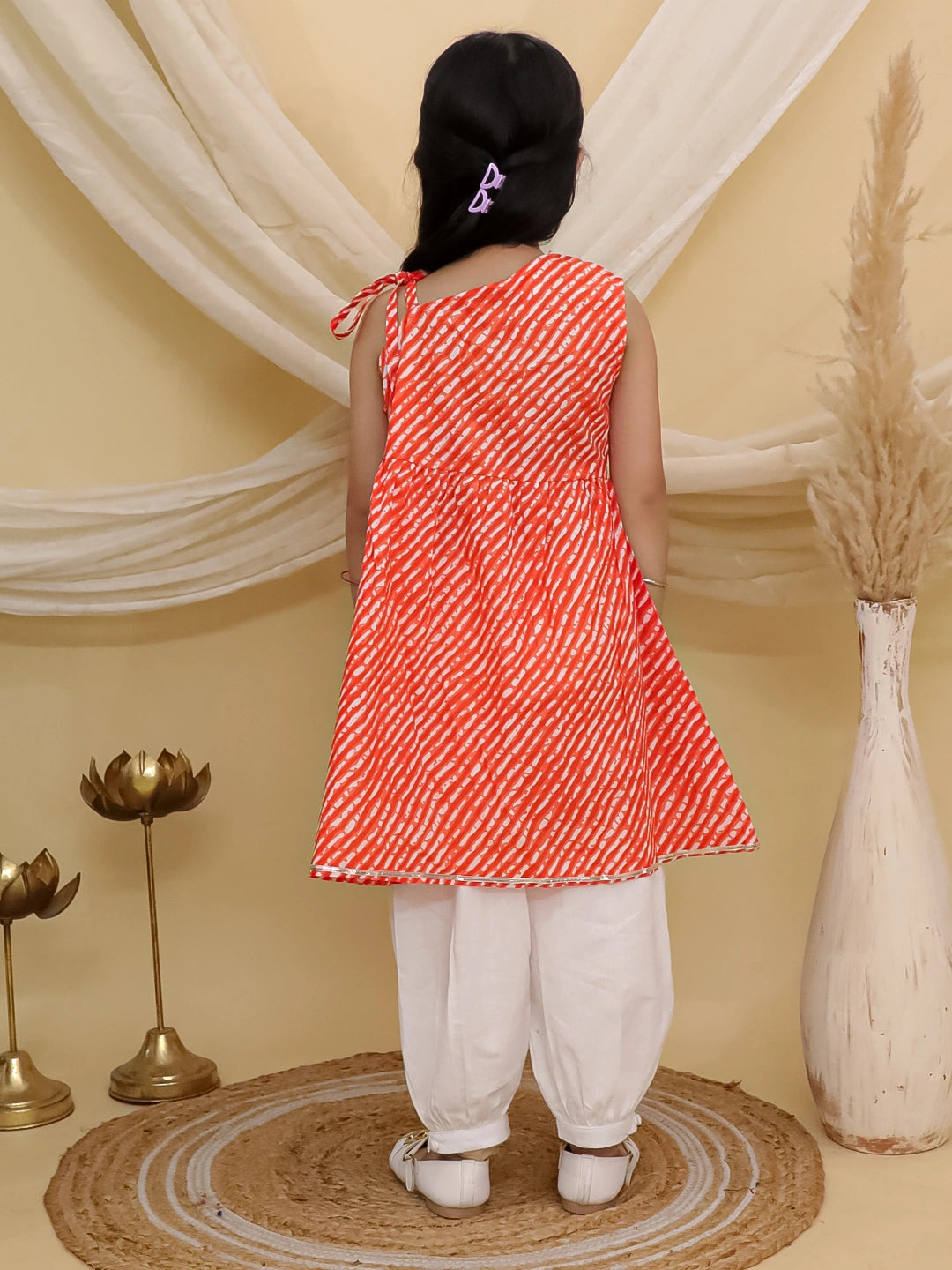 BownBee Pure Cotton Lehriya Top  With Harem Set For Girls - Orange