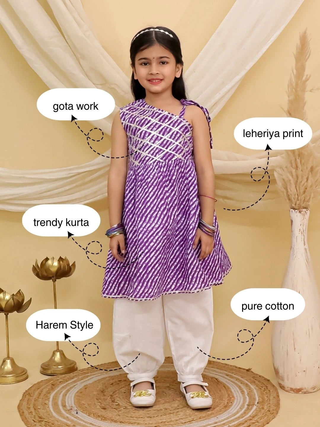 BownBee Pure Cotton Lehriya Top  With Harem Set For Girls - Orange