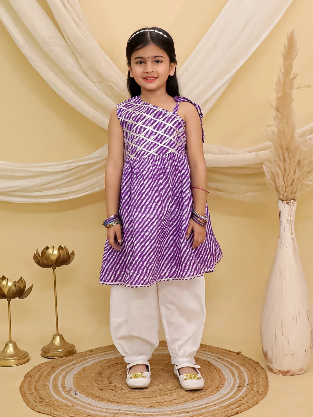 BownBee Pure Cotton Lehriya Top  With Harem Set For Girls - Orange