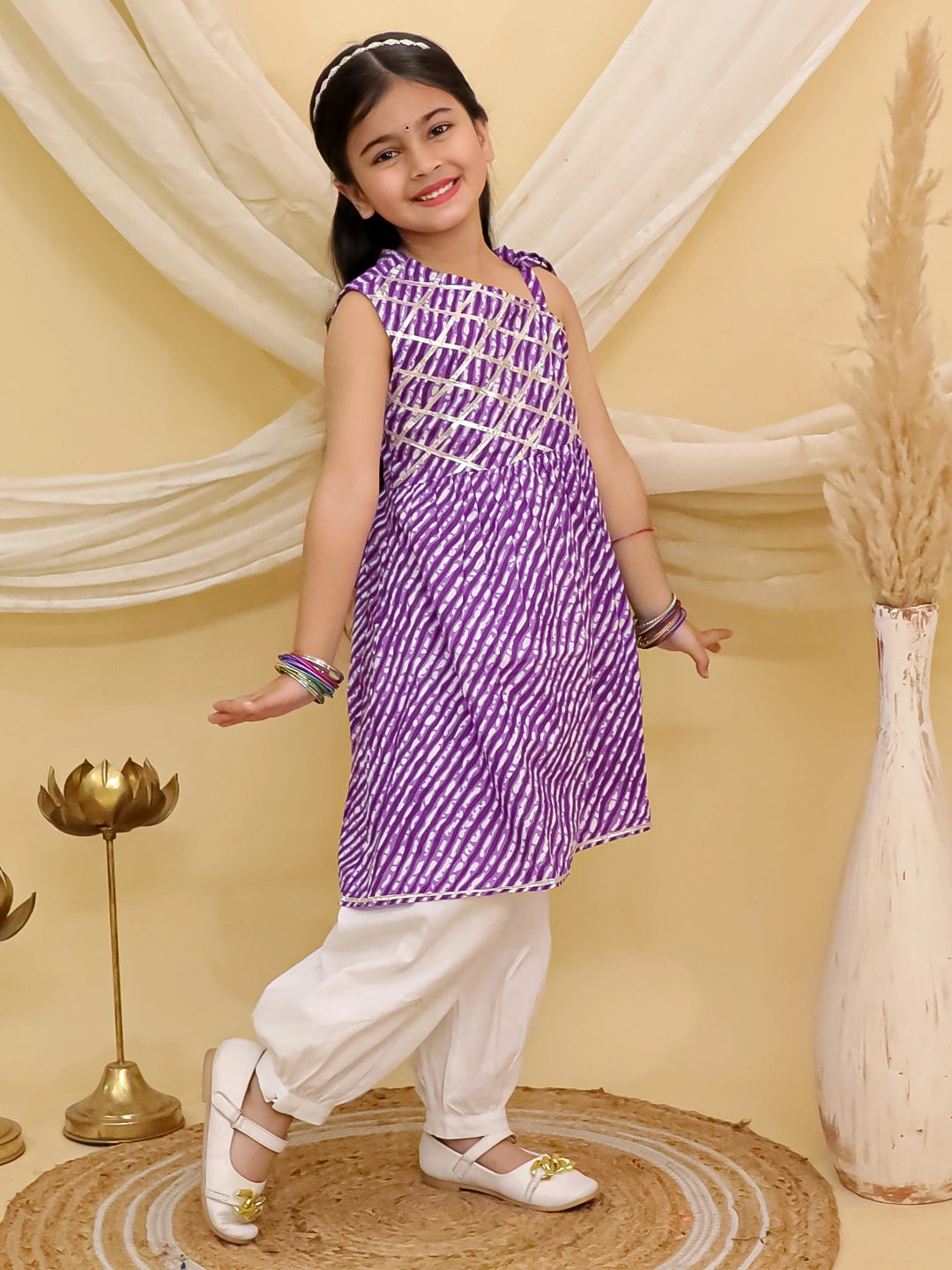 BownBee Pure Cotton Lehriya Top  With Harem Set For Girls - Orange