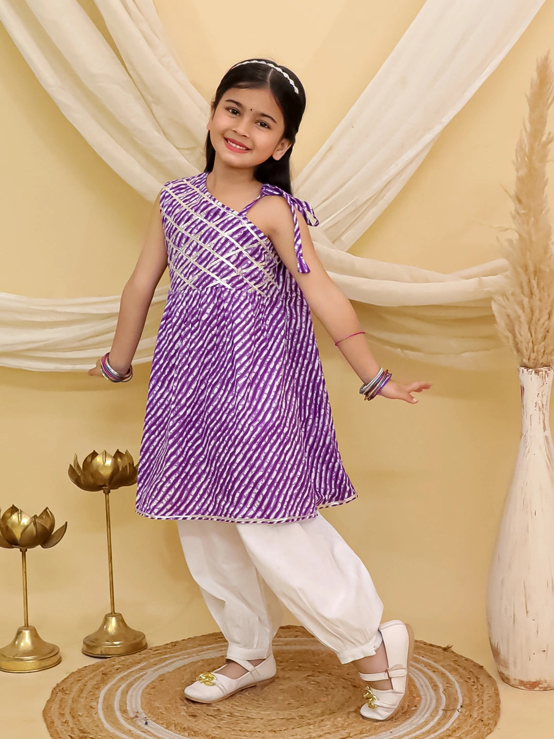 BownBee Pure Cotton Lehriya Top  With Harem Set For Girls - Orange