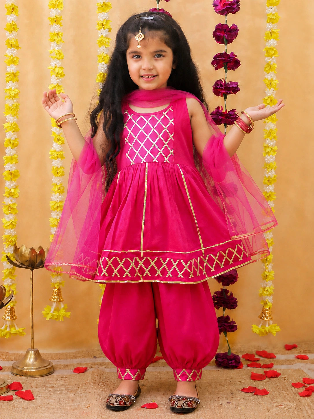 BownBee Pure Cotton Sleevless Kurti With Harem & Dupatta Set For Girls