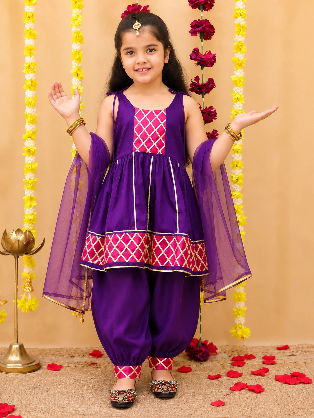BownBee Pure Cotton Sleevless Kurti With Harem & Dupatta Set For Girls