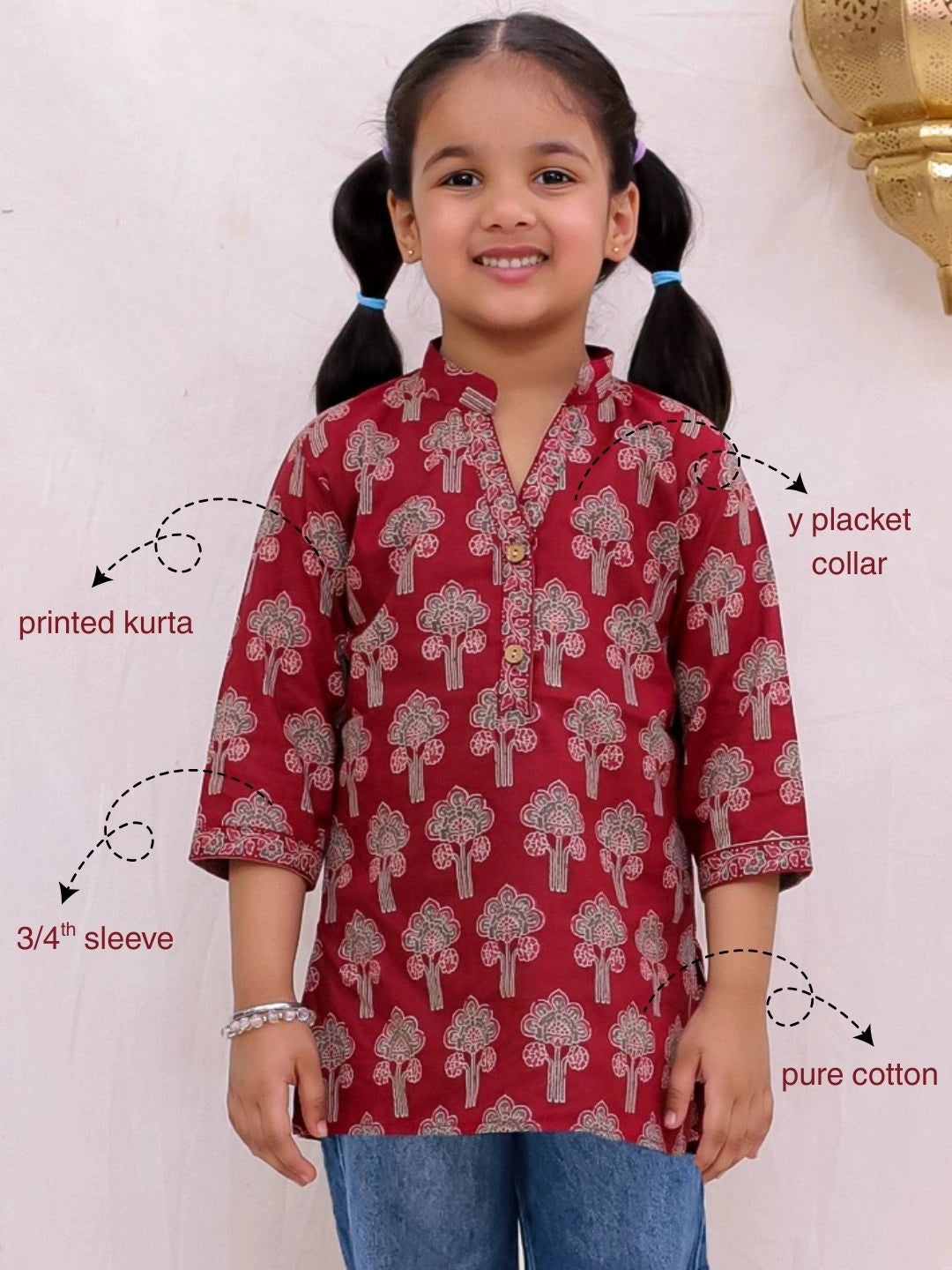 BownBee Pure Cotton Printed  Quater Sleeves Short Kurti For Girls