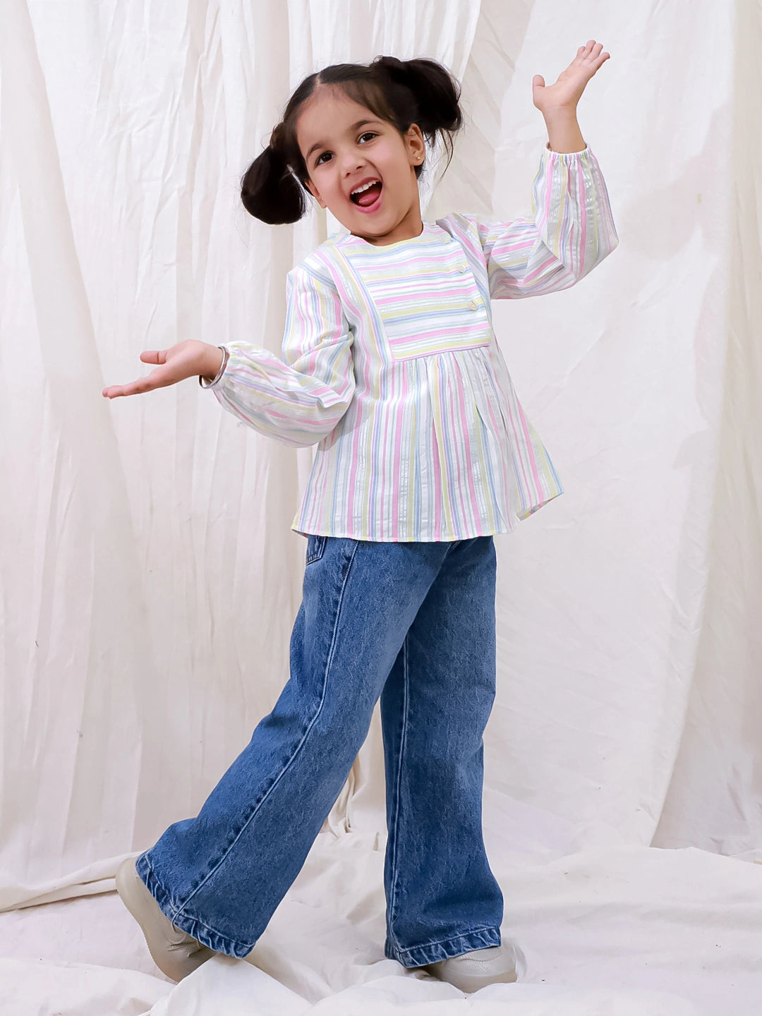 BownBee Pure Cotton Full sleeves Striped Top For Girls - White